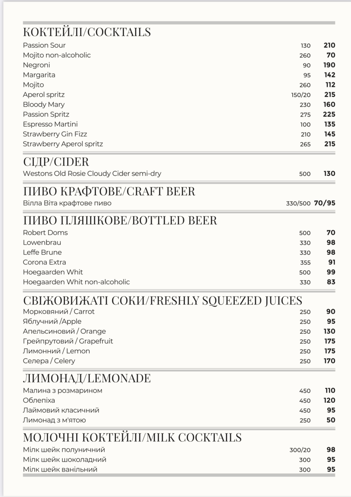 Вілла Віта menu 2