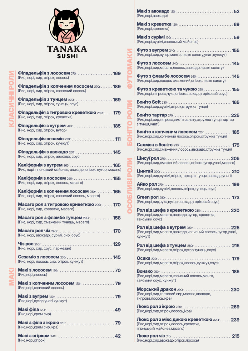 Tanaka Sushi menu 1