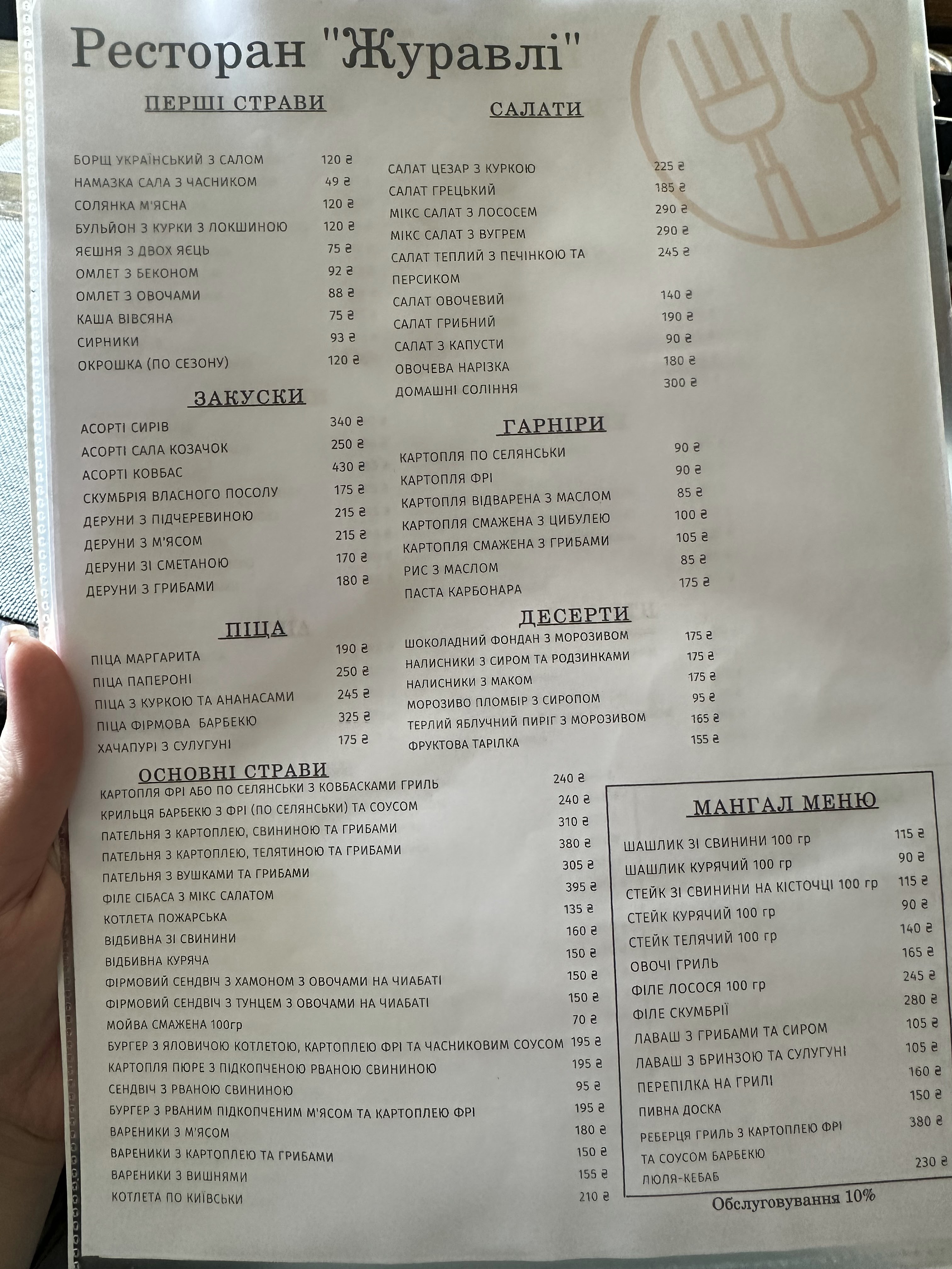 Hrylʹ-Bar "Zhuravli" menu 1