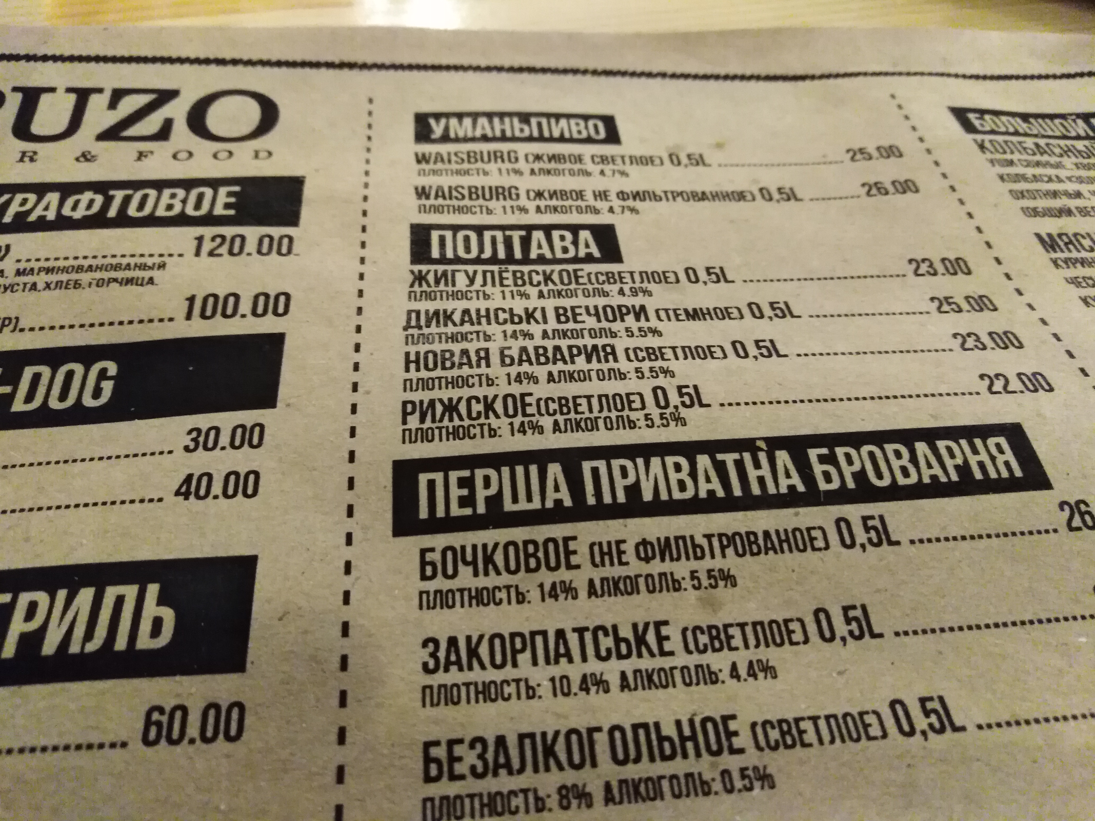 "PUZO" Pub menu 1