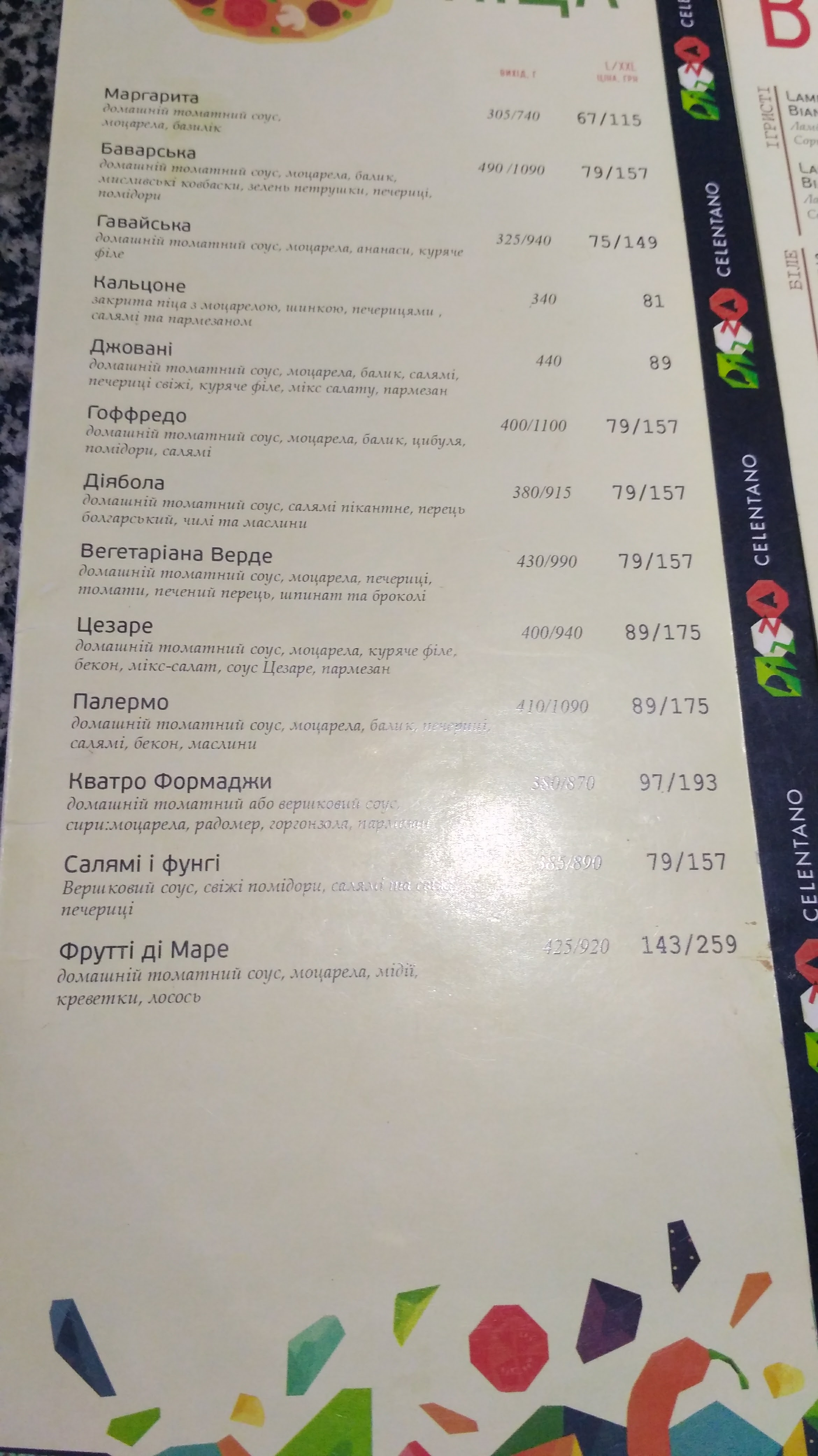 Celentano menu 8