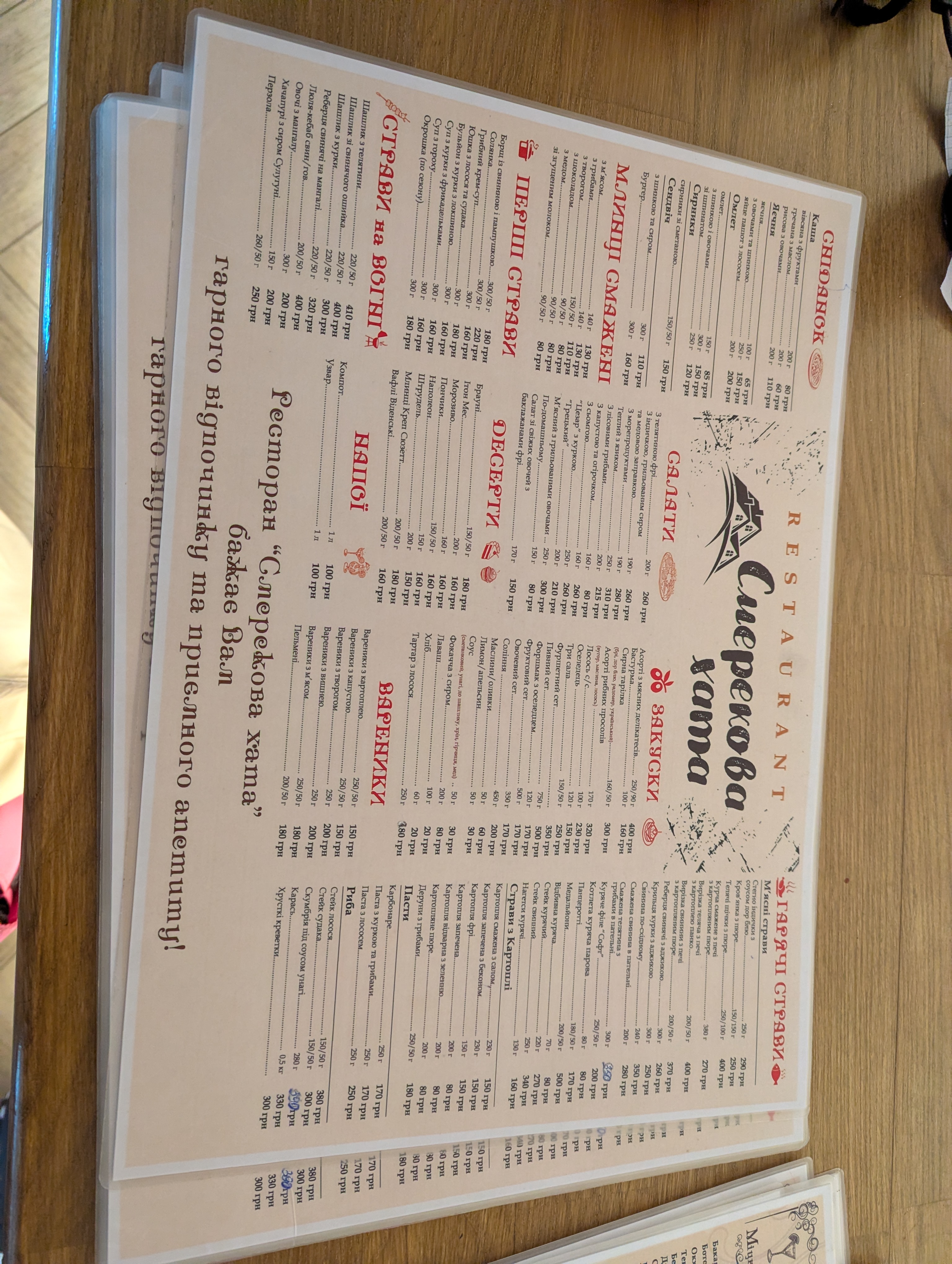 Smerekova Khata menu 1