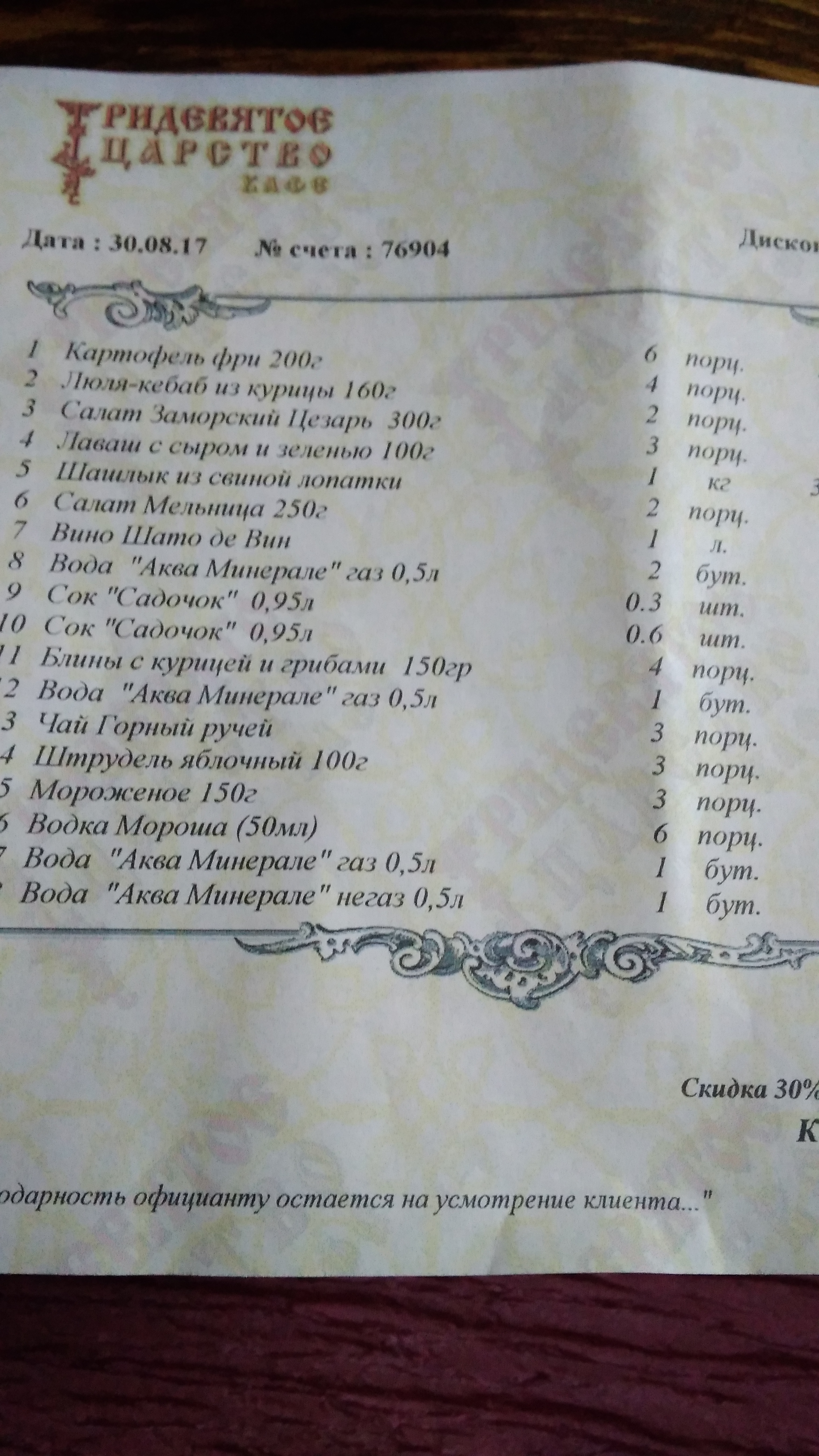 Trydeviate tsarstvo menu 1