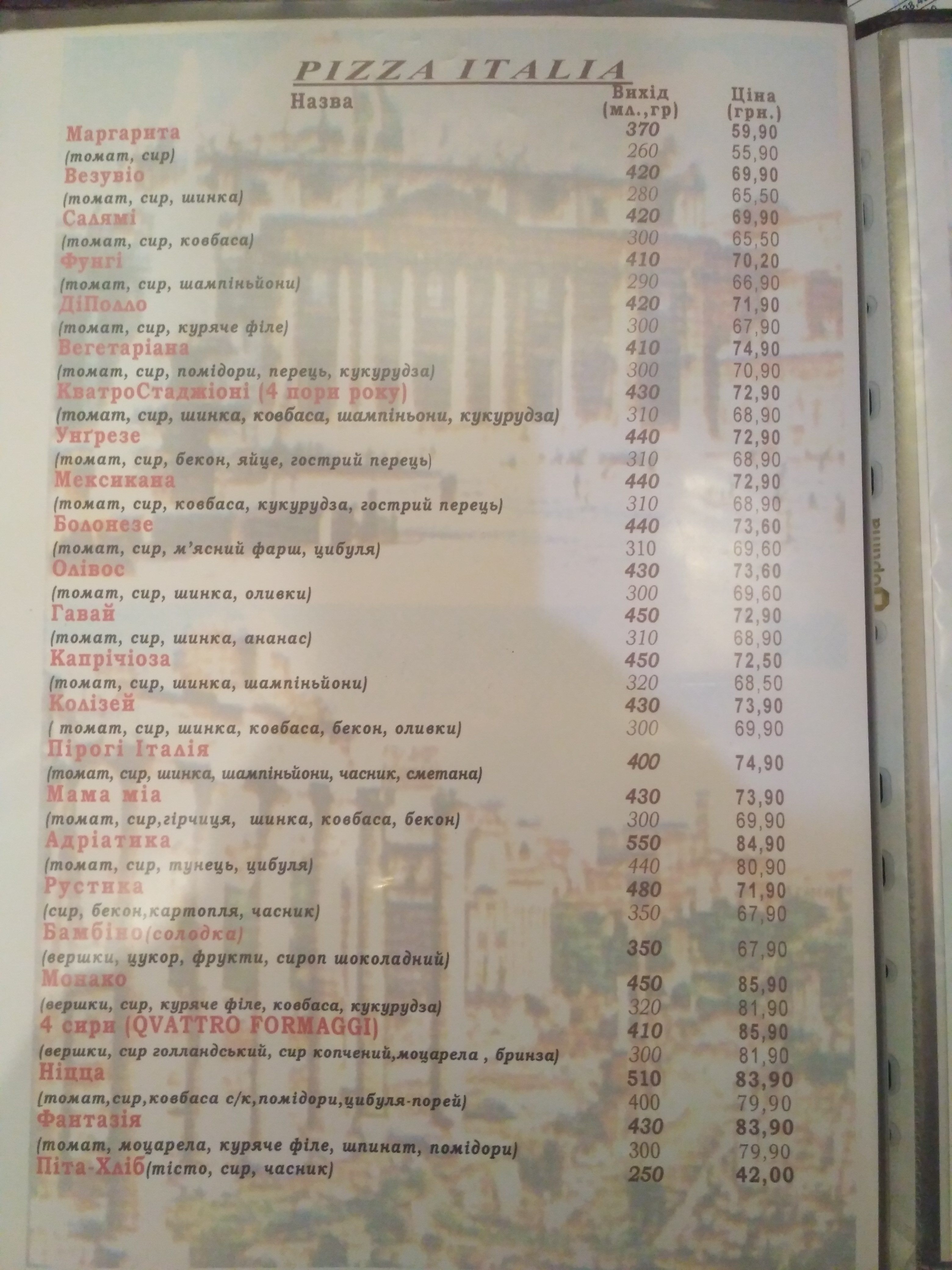 Колізей menu 5