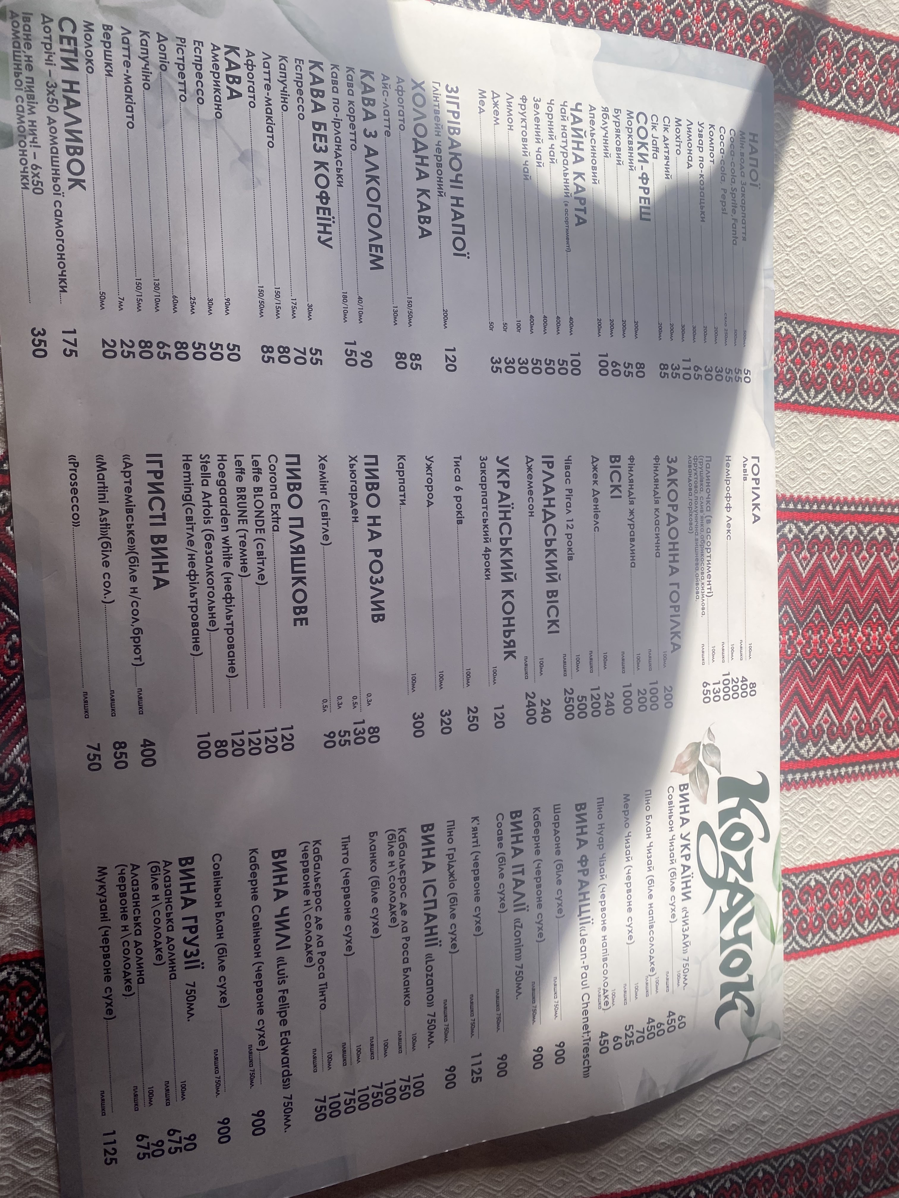 Kozachok menu 1