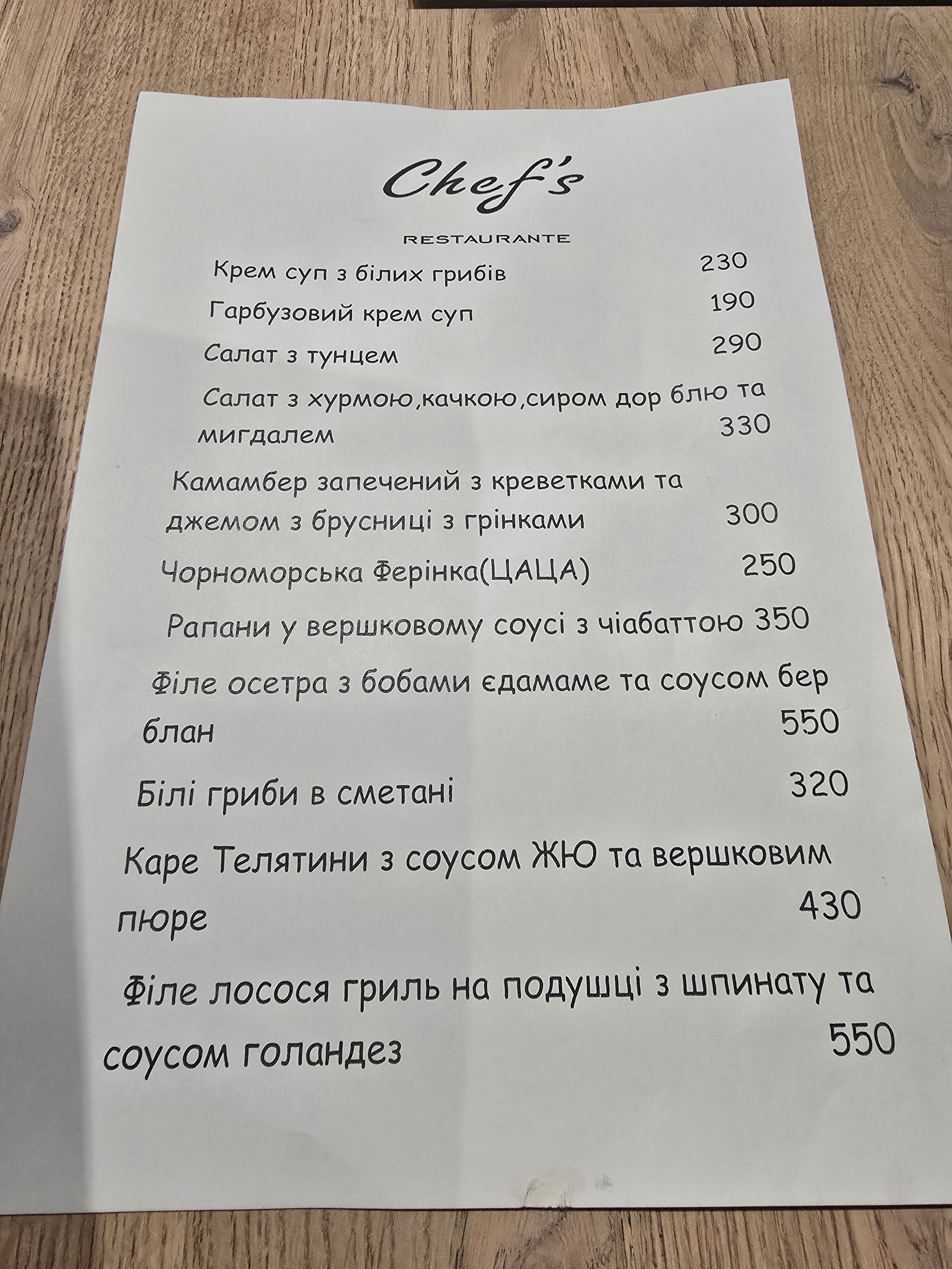 Chefs Restaurante menu 1