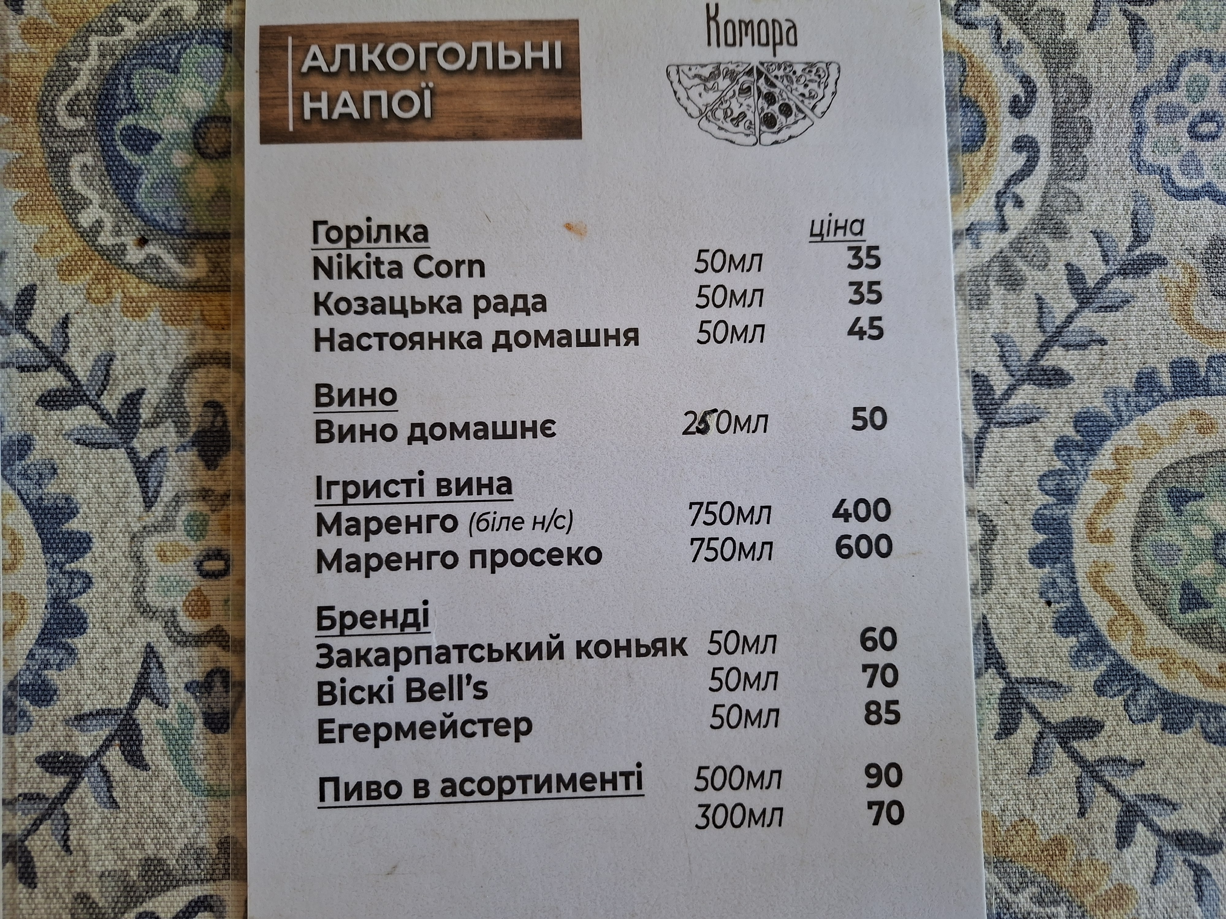 Komora. Pitsa Na Drovakh Ta Zakarpat·sʹka Kukhnya. menu 2