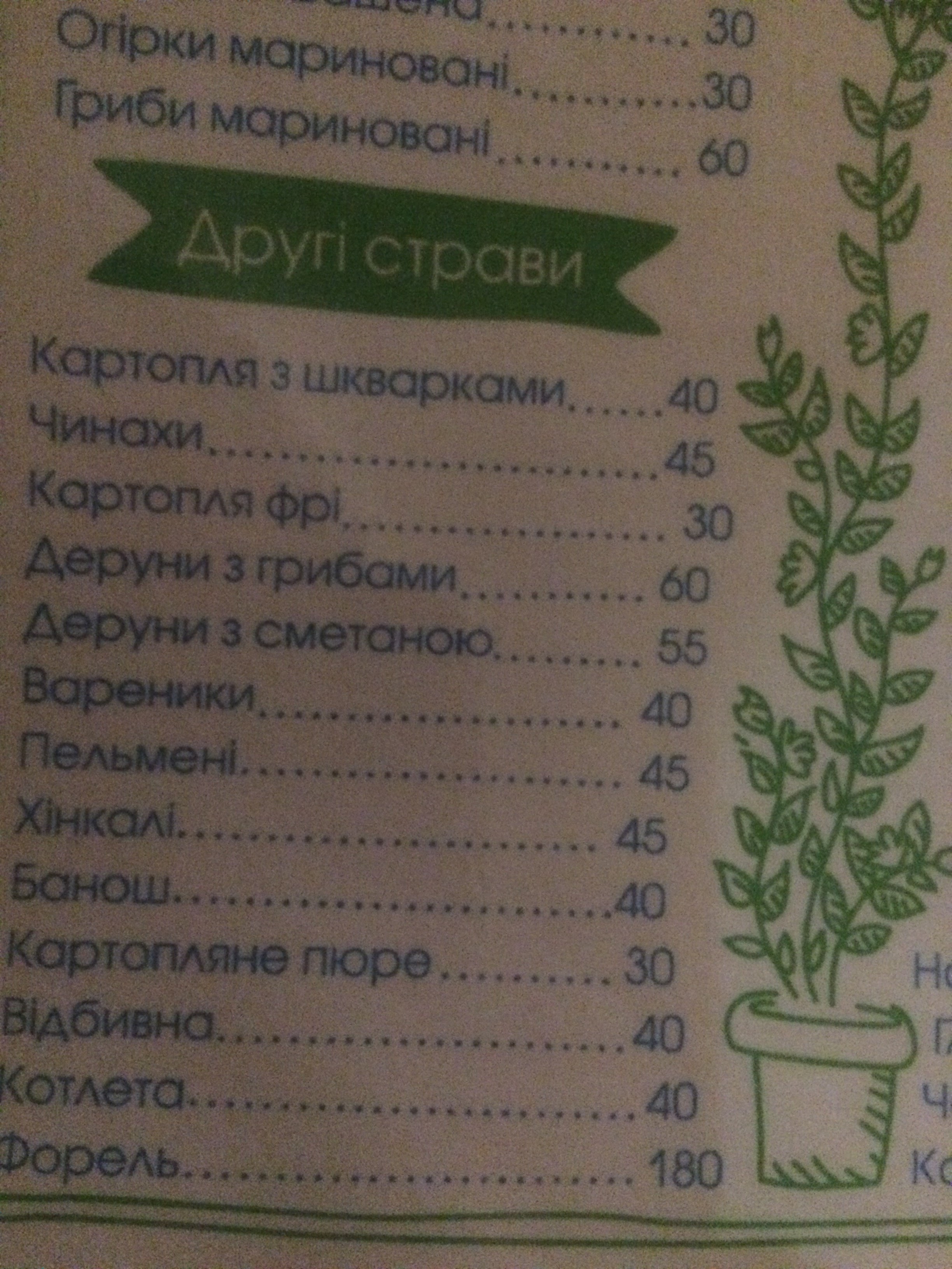 Kolyba "Yalynka" menu 11