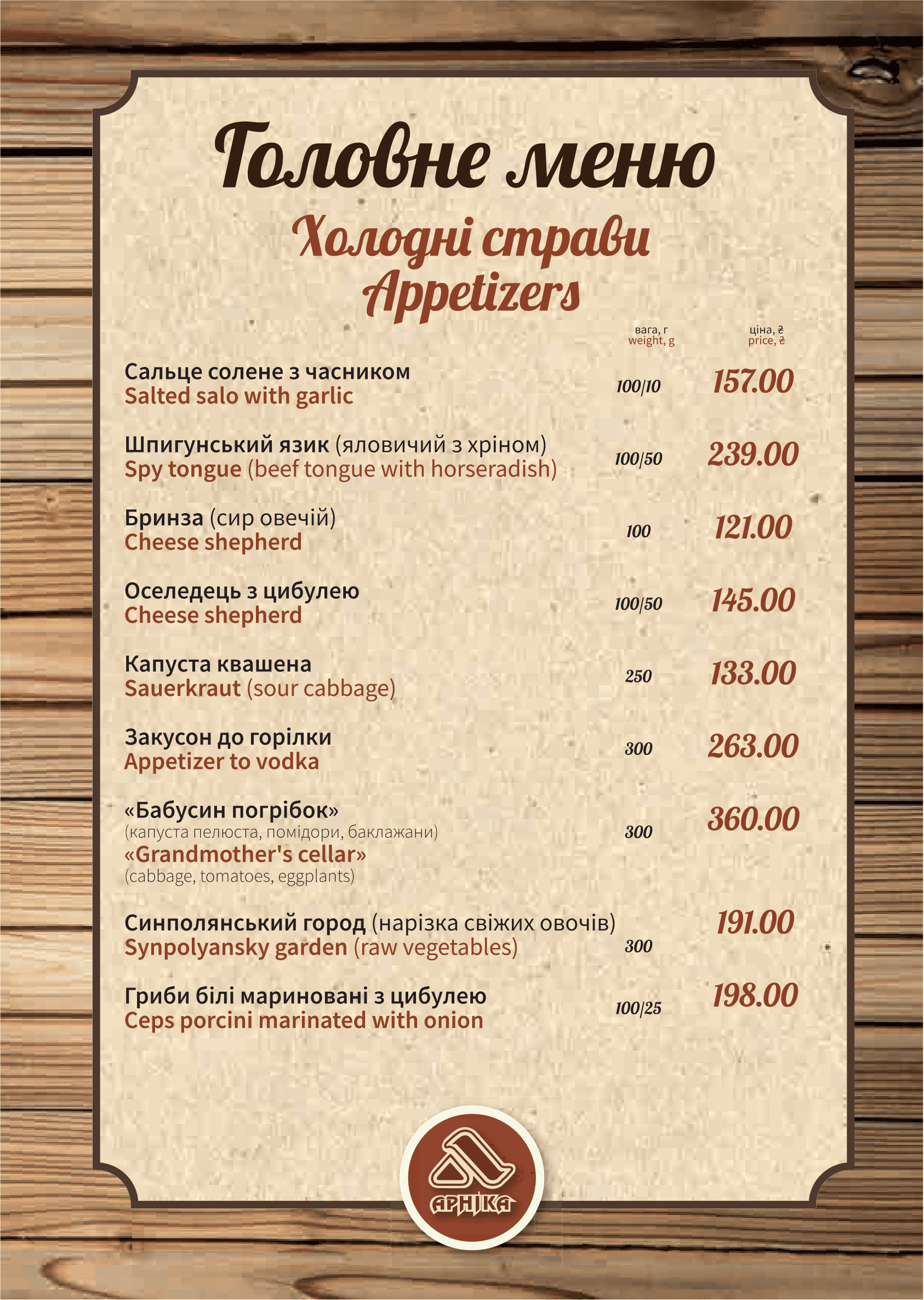 Kolyba Arnika menu 2