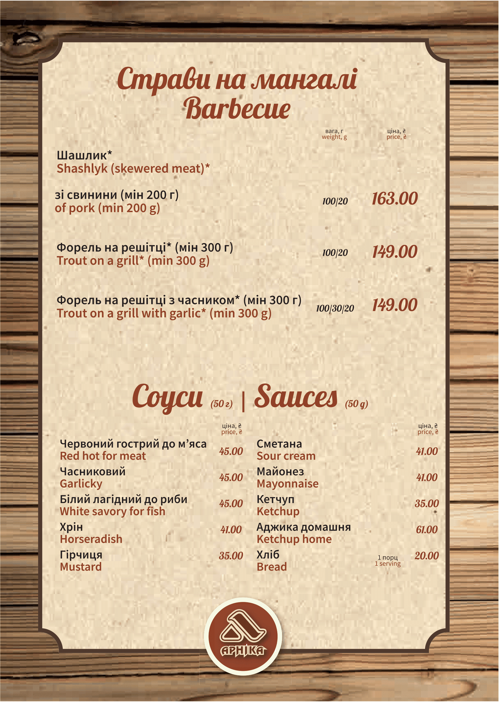 Kolyba Arnika menu 4