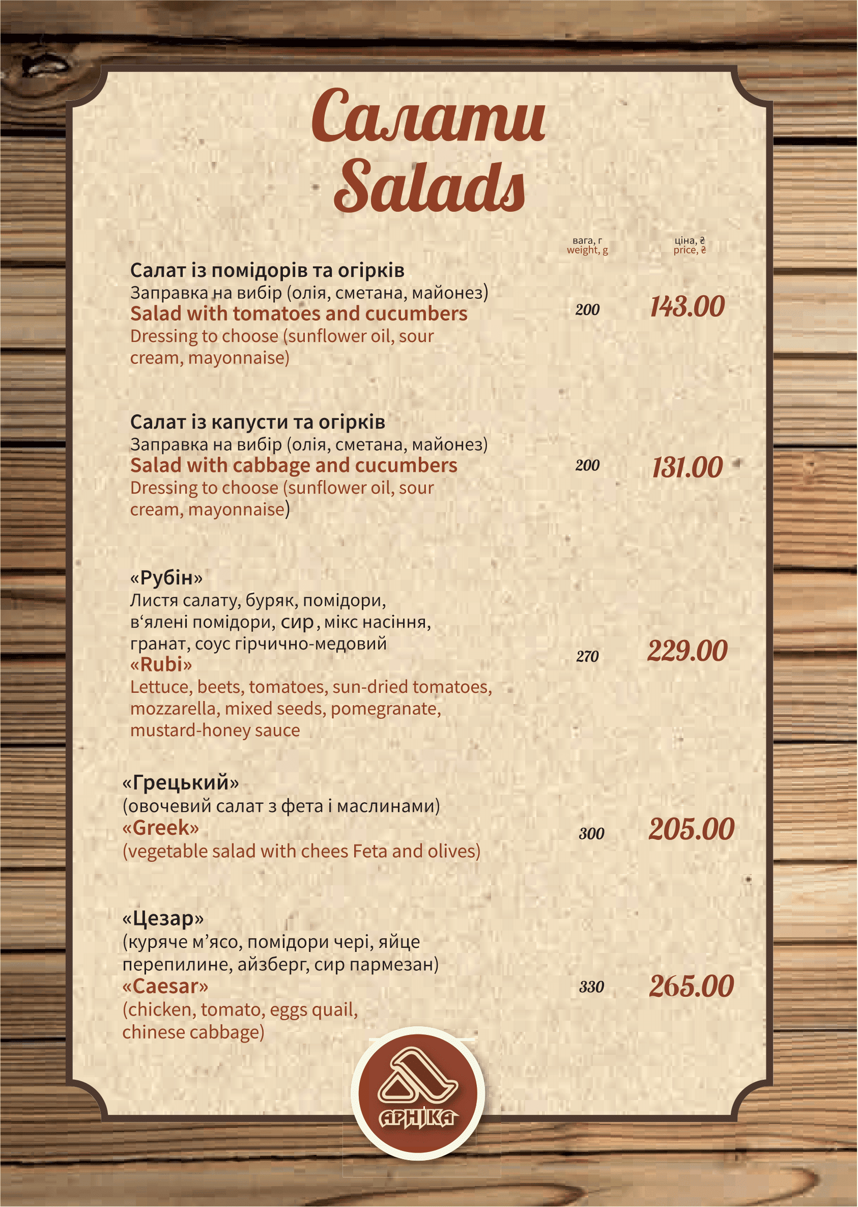Kolyba Arnika menu 8
