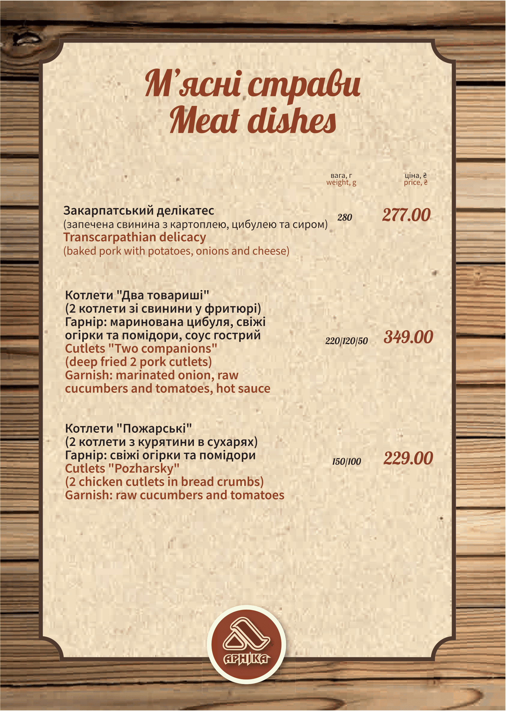 Kolyba Arnika menu 9