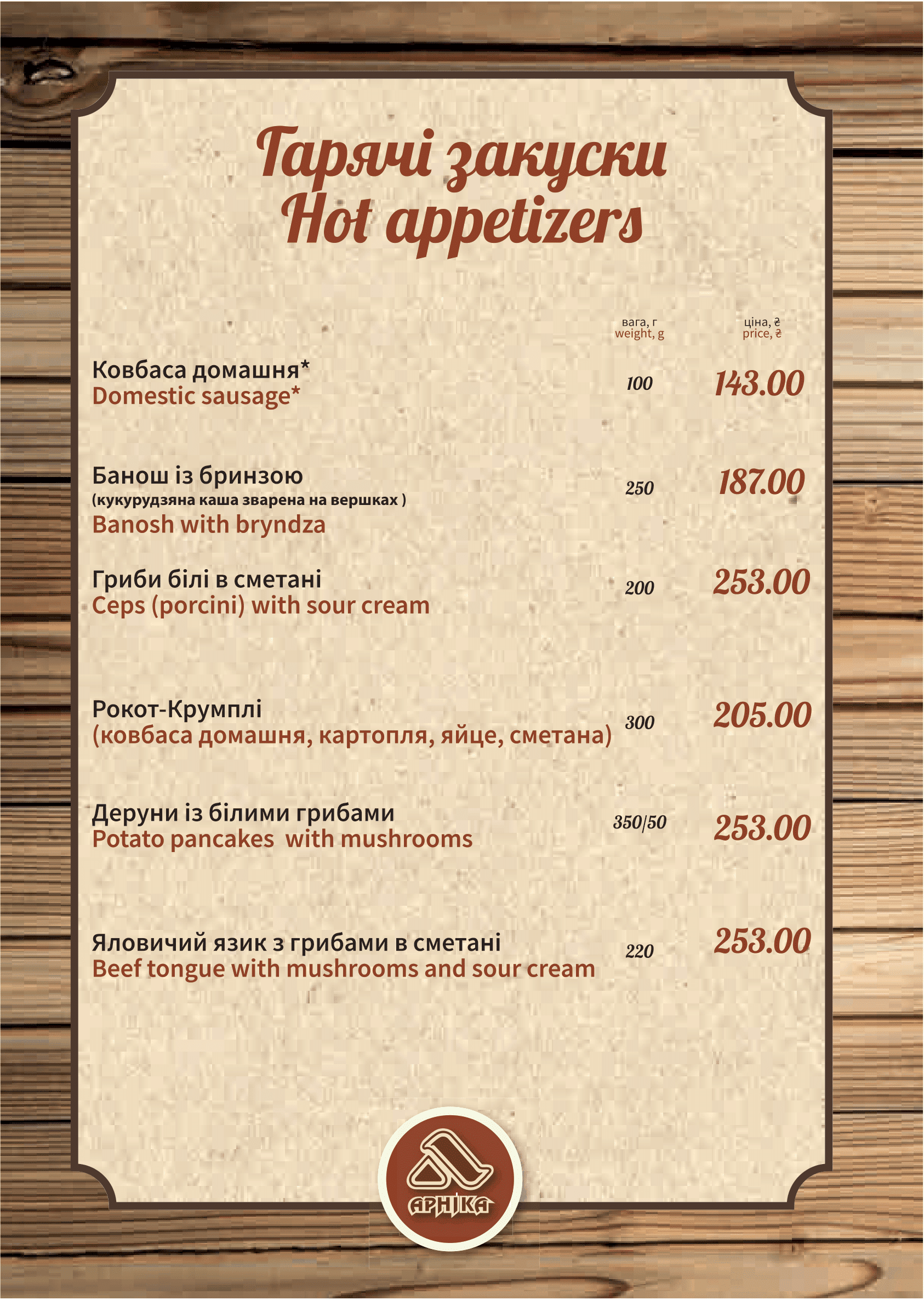 Kolyba Arnika menu 12