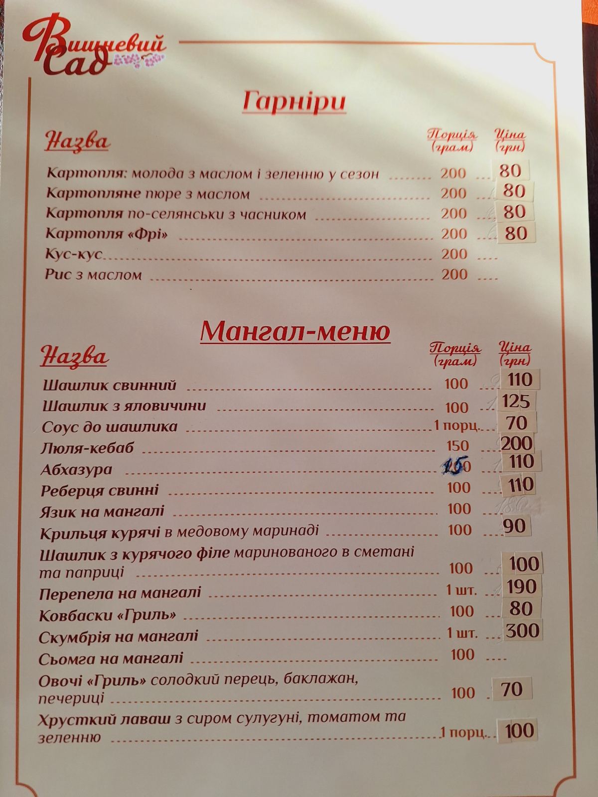 Vyshnevyy Sad menu 1