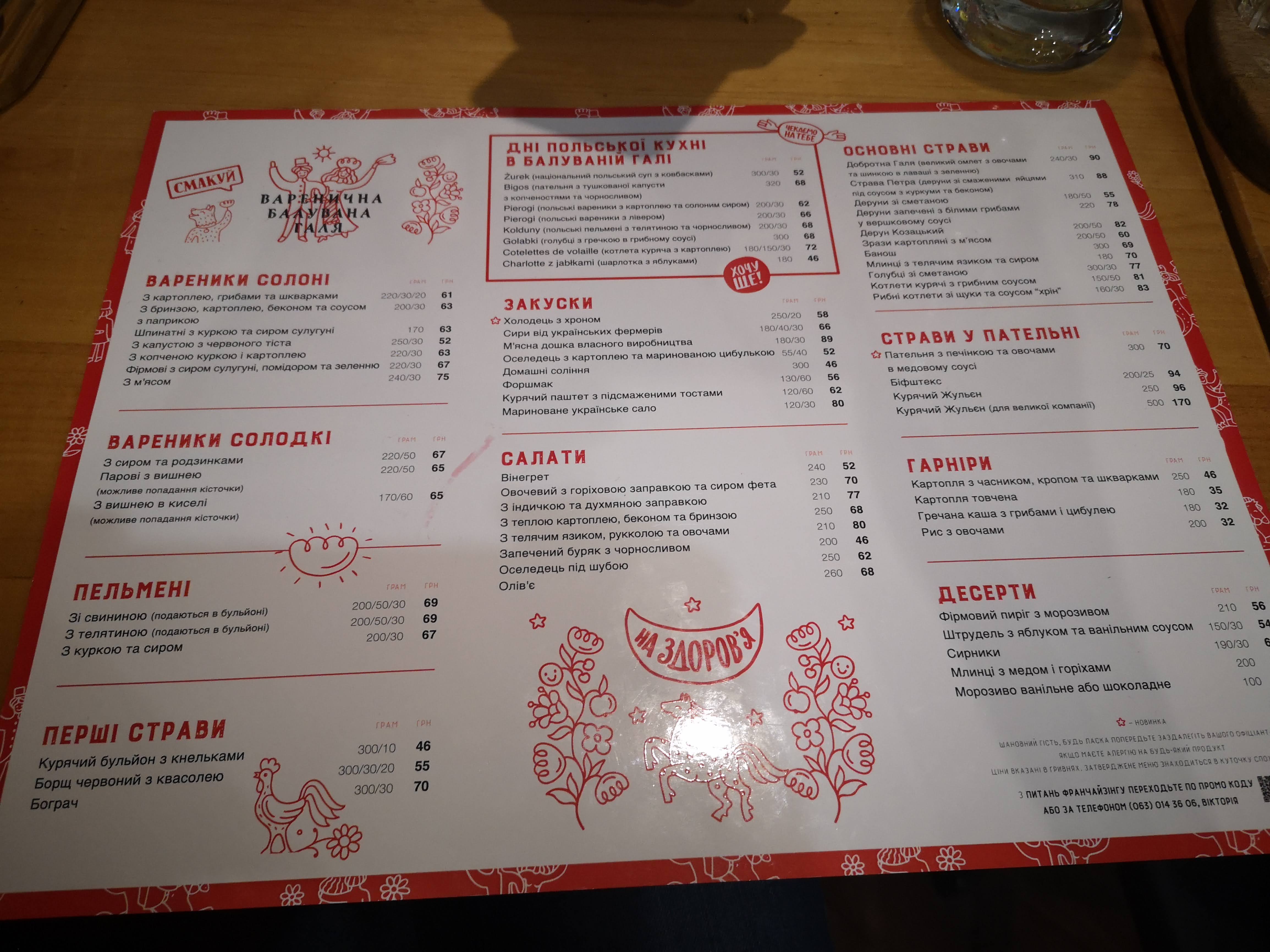 Varenychna Baluvana Halya menu 2