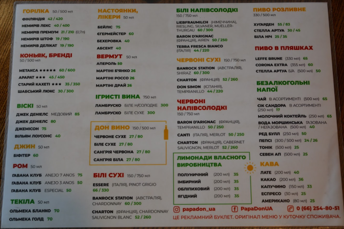 Papa Don (Папа Дон) menu 1