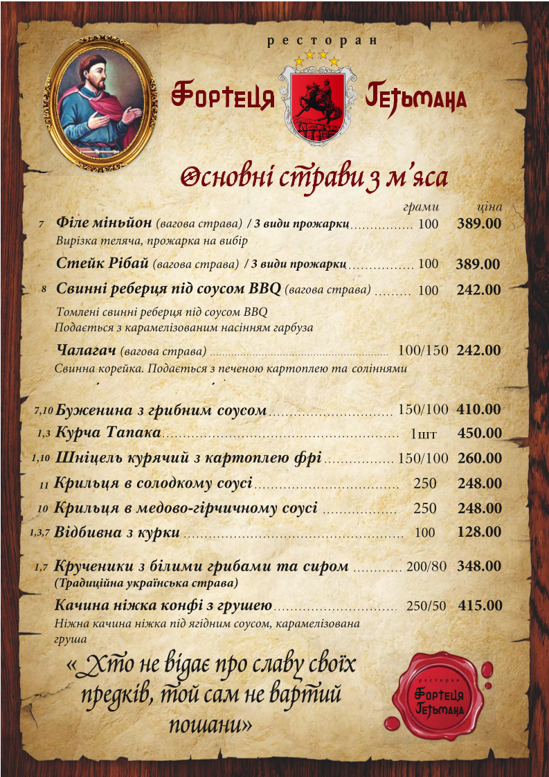 Hetmana Fortress menu 2