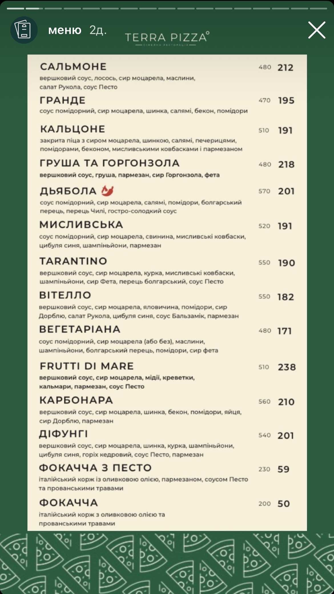 Terra pizza menu 2