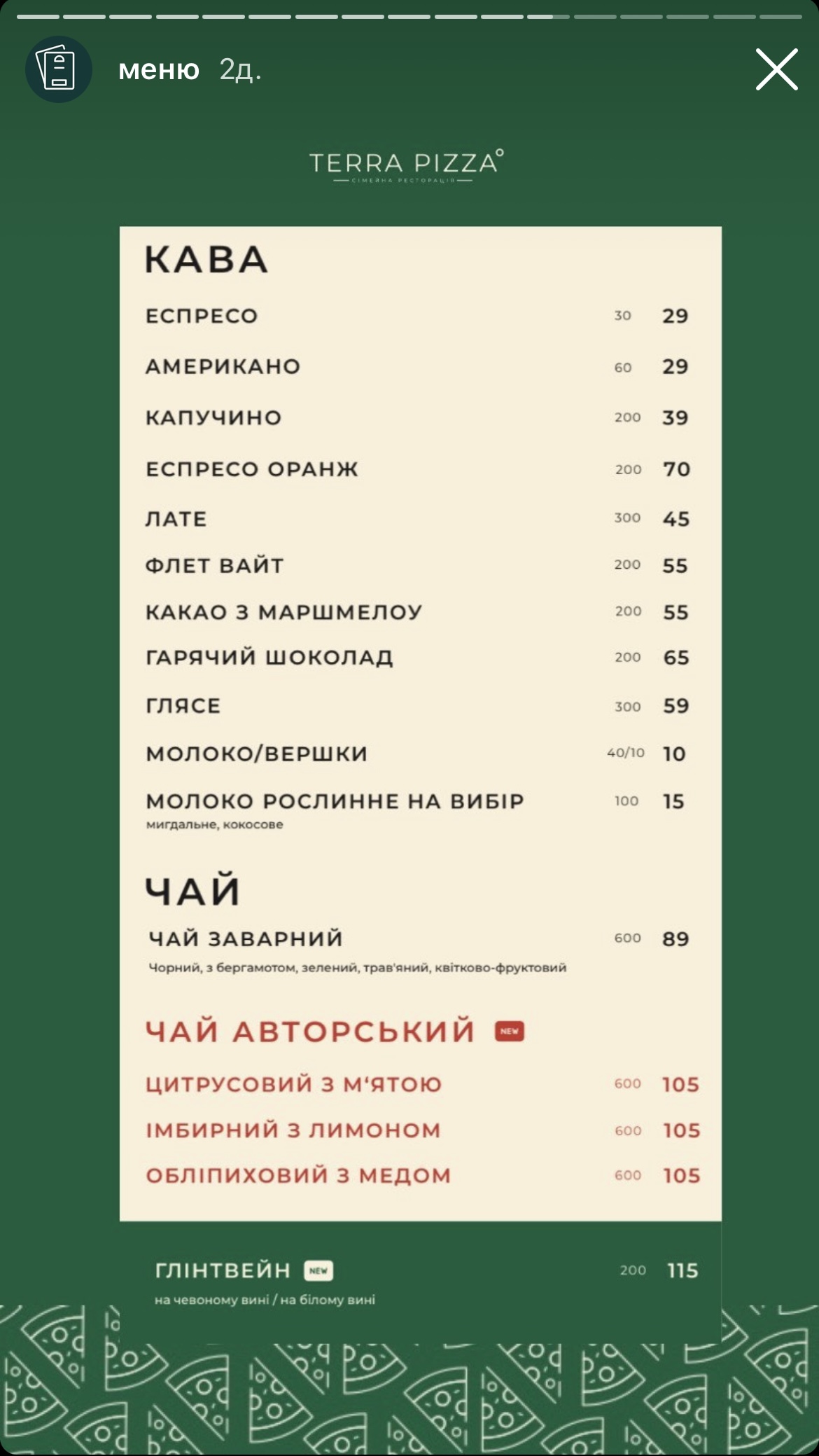 Terra pizza menu 6