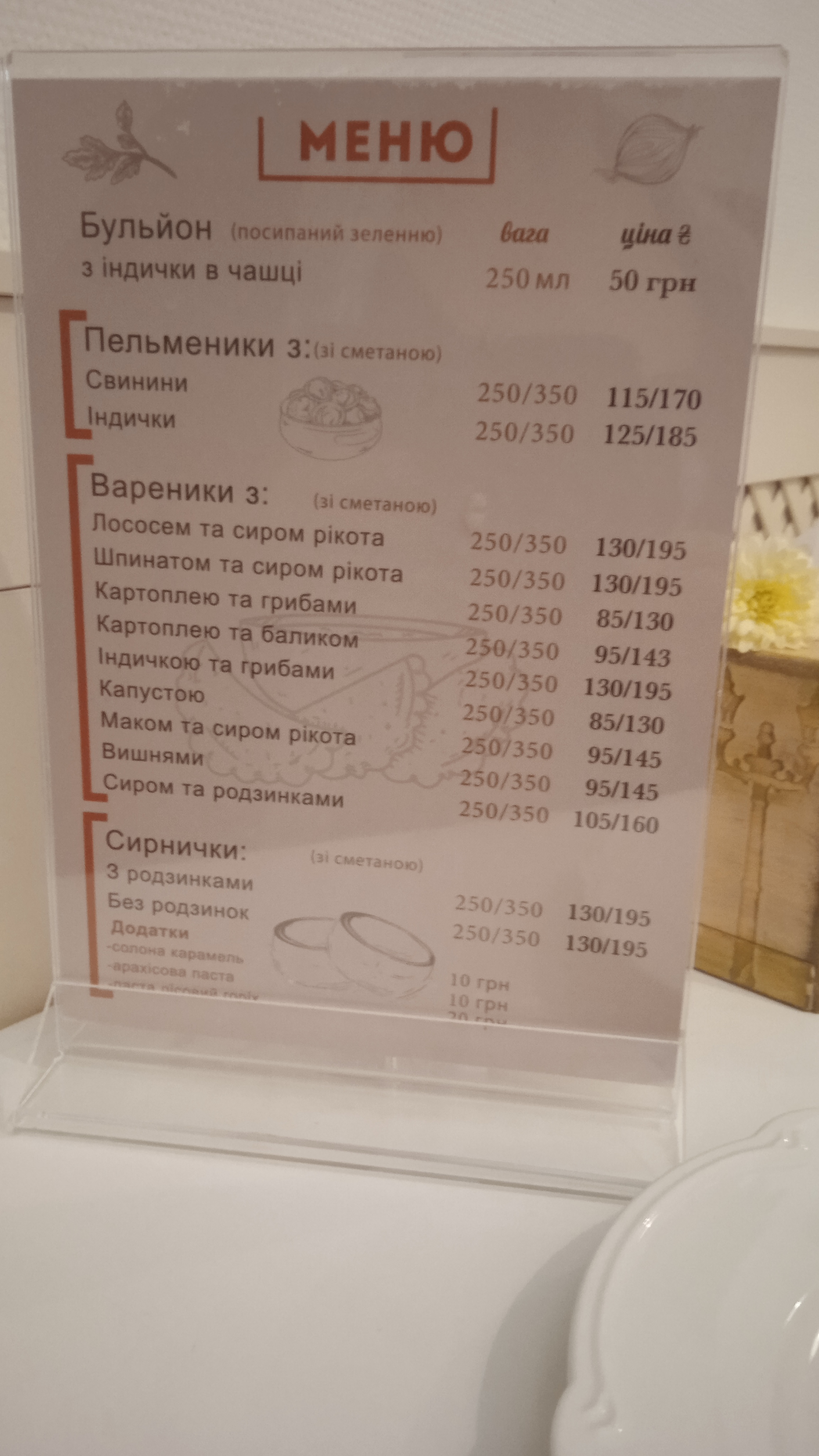 Vasylevi Pyrohy menu 5
