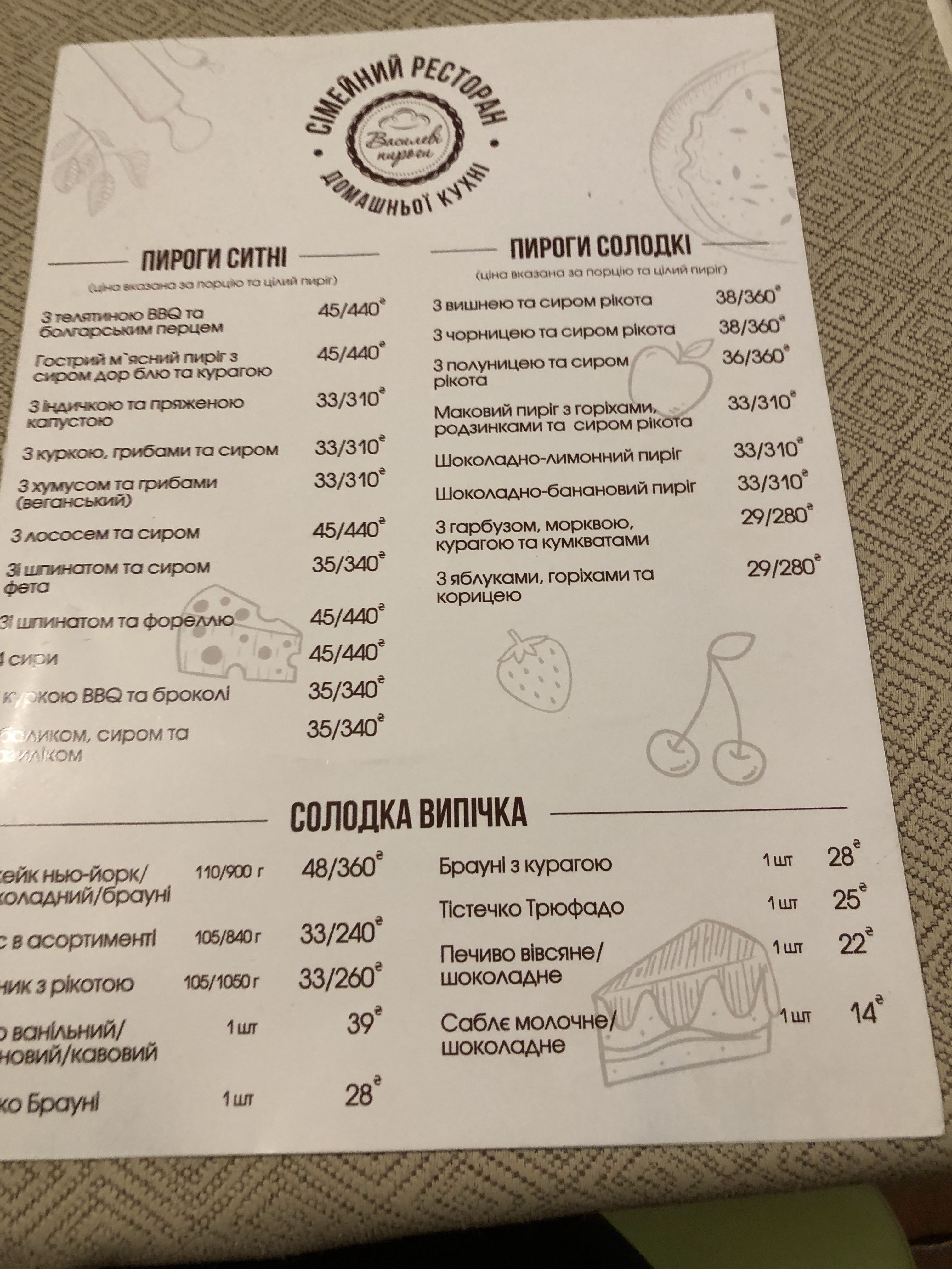 Vasylevi Pyrohy menu 6