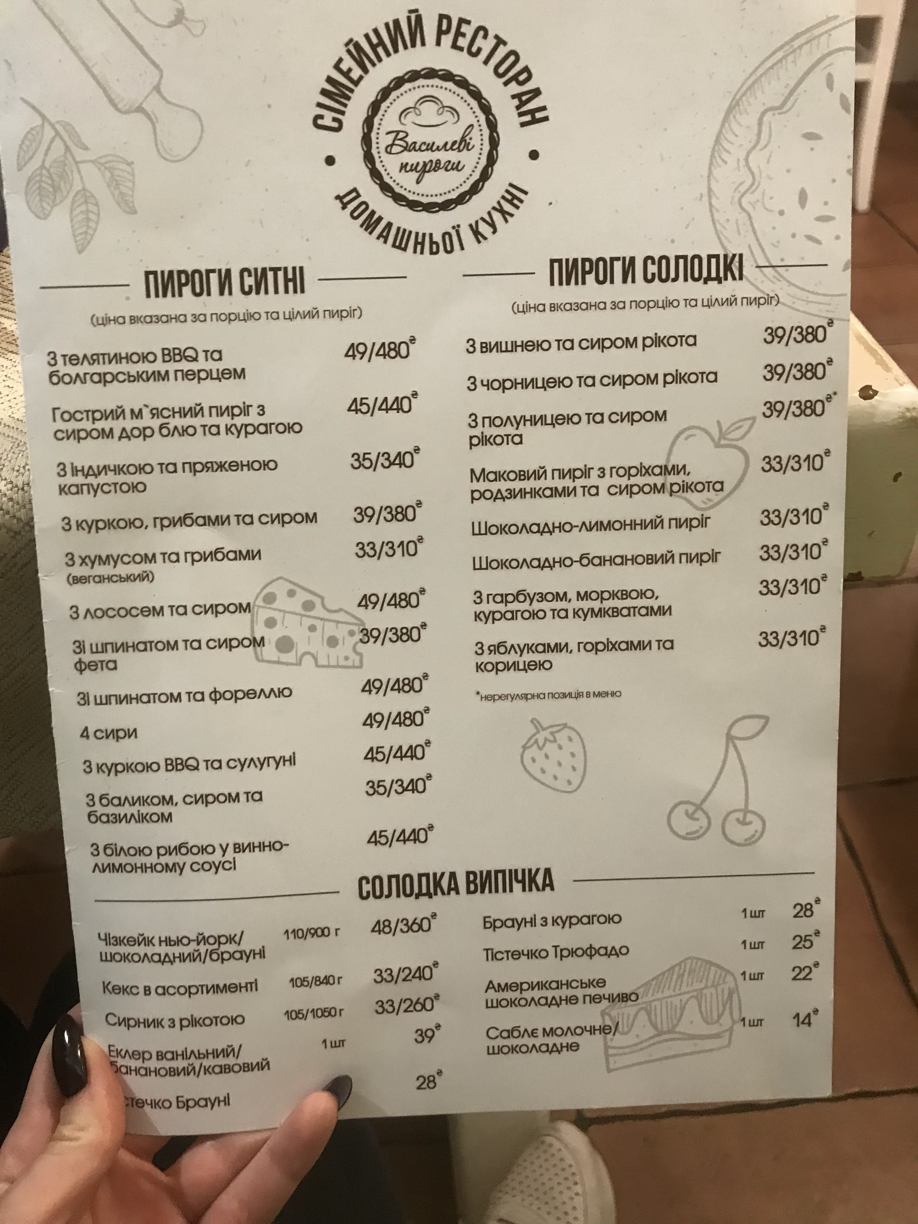 Vasylevi Pyrohy menu 8