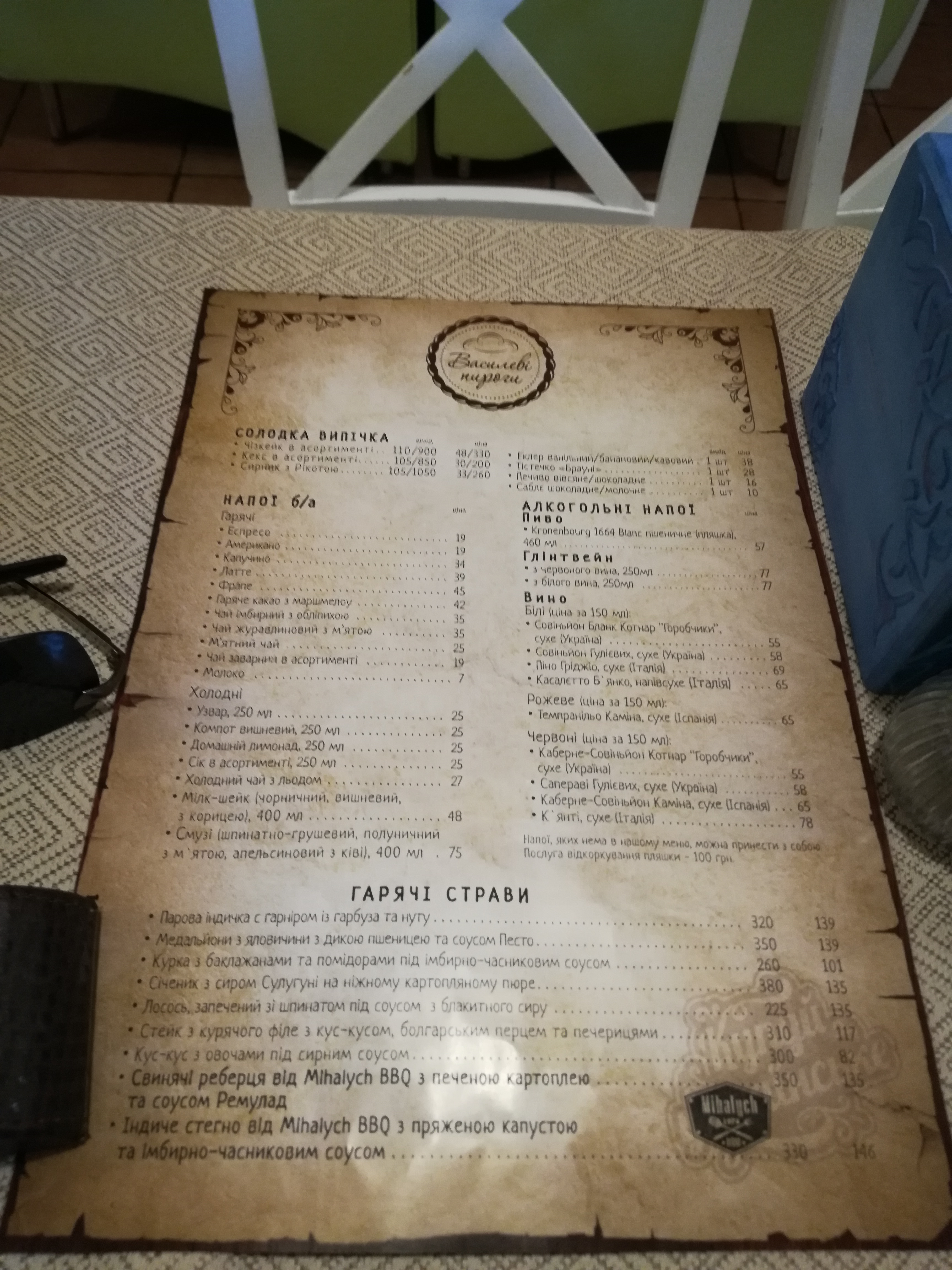 Vasylevi Pyrohy menu 12
