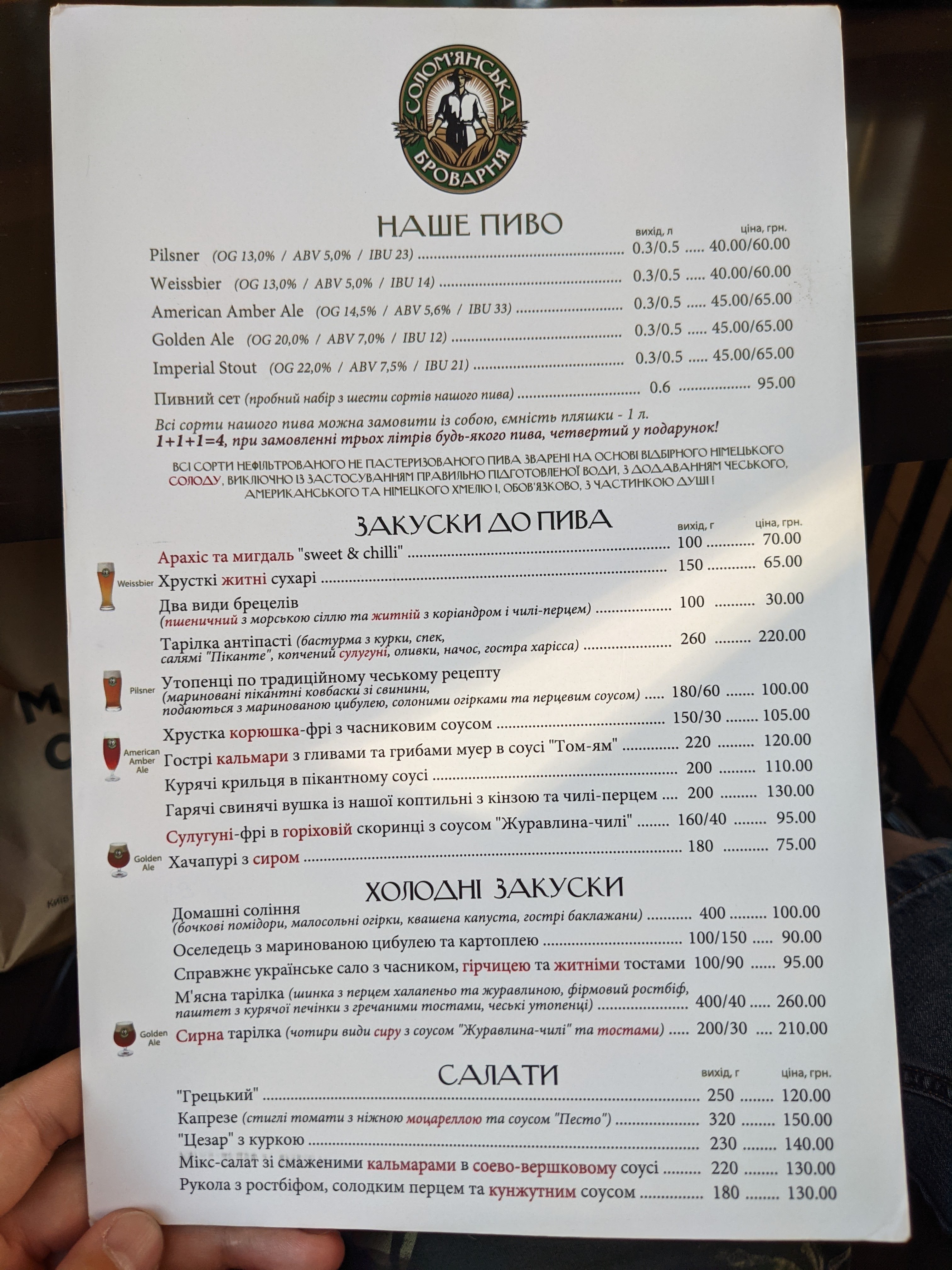 Solomianska Brewery menu 2