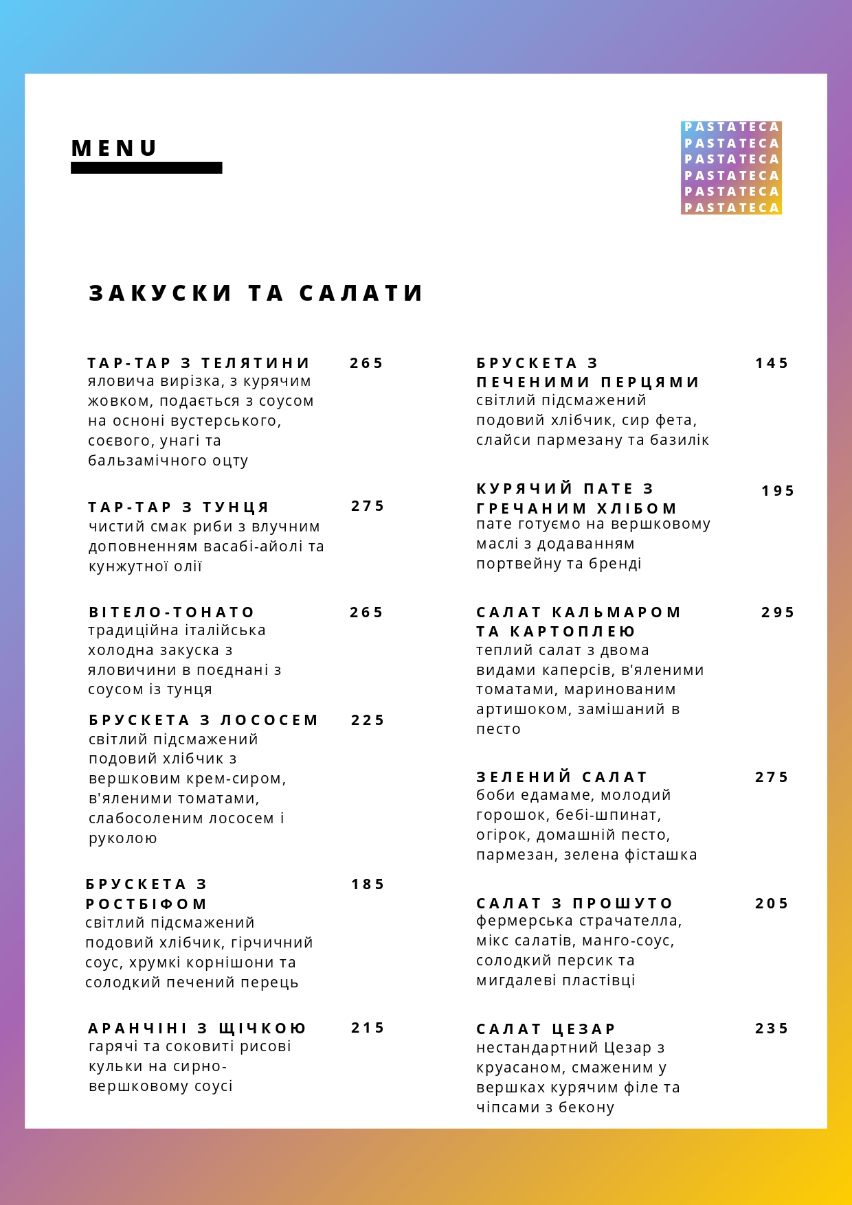 Pastateca menu 2