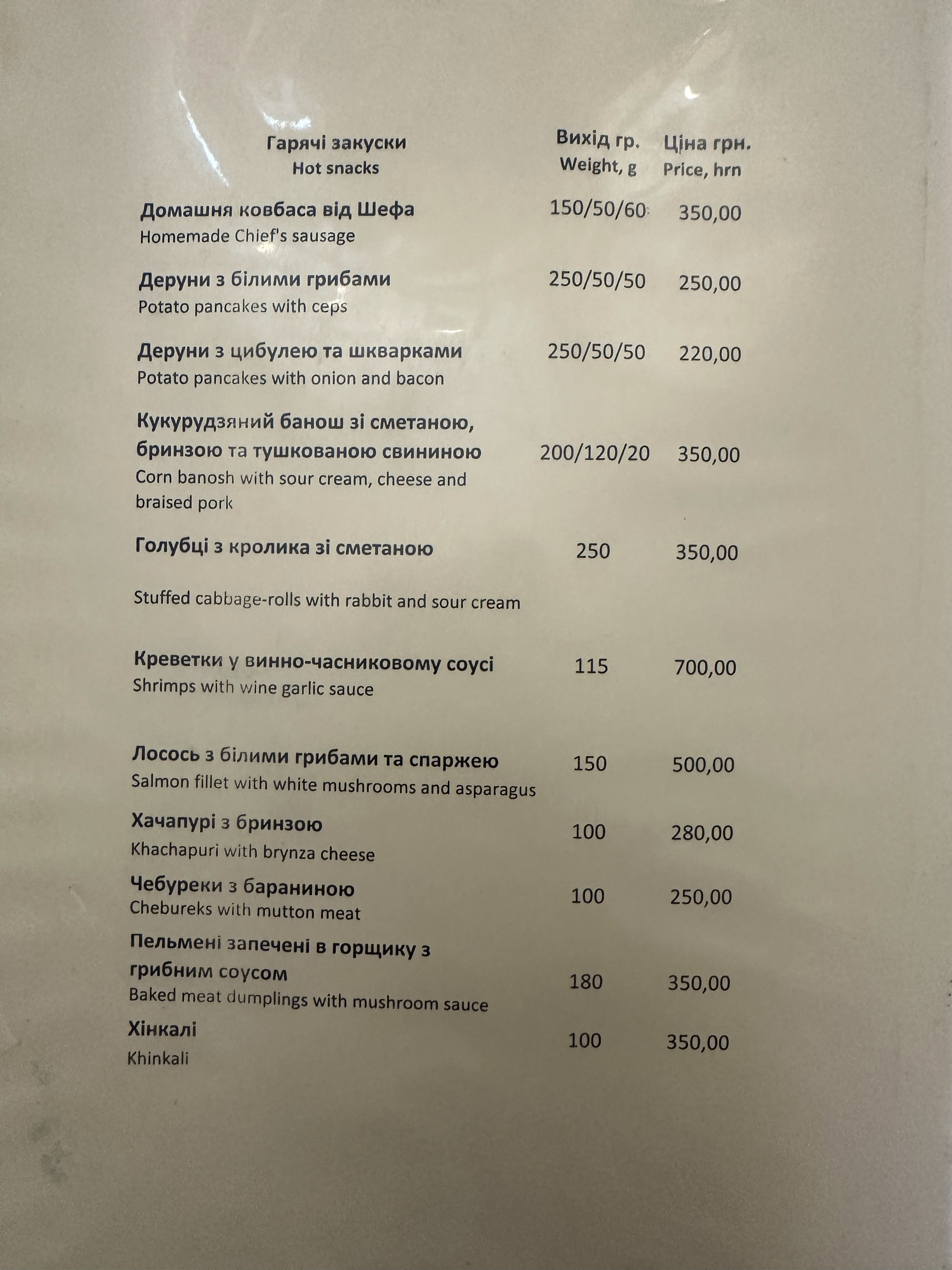 Knyazhyy Hrad menu 1