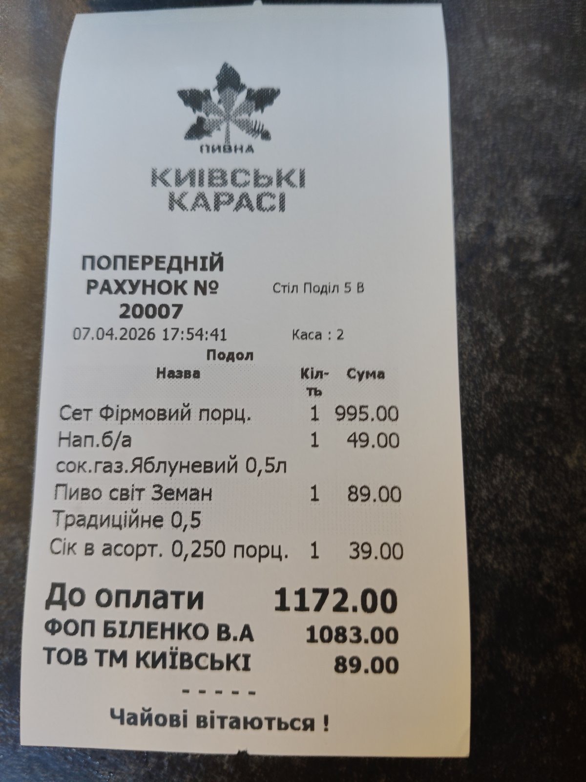 Kyyivsʹki Karasi menu 2