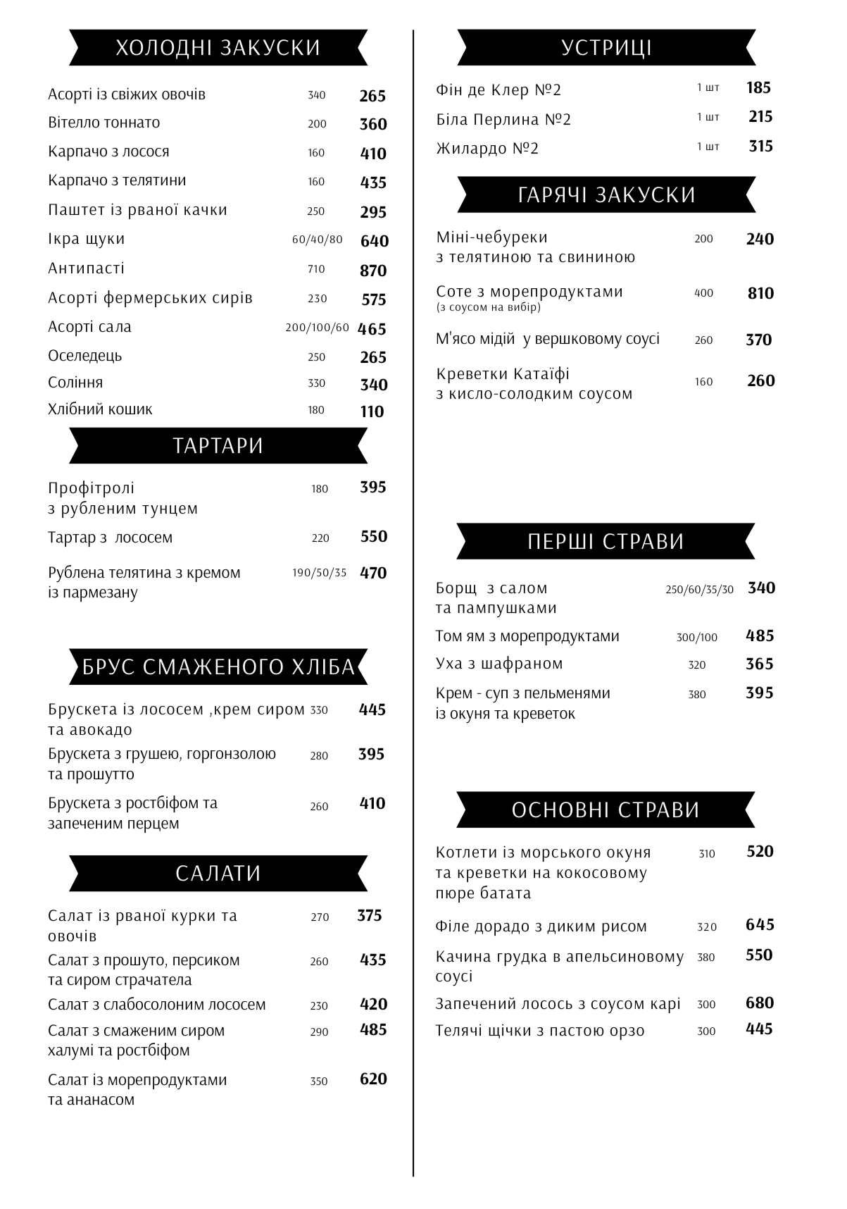 Prychal menu 2