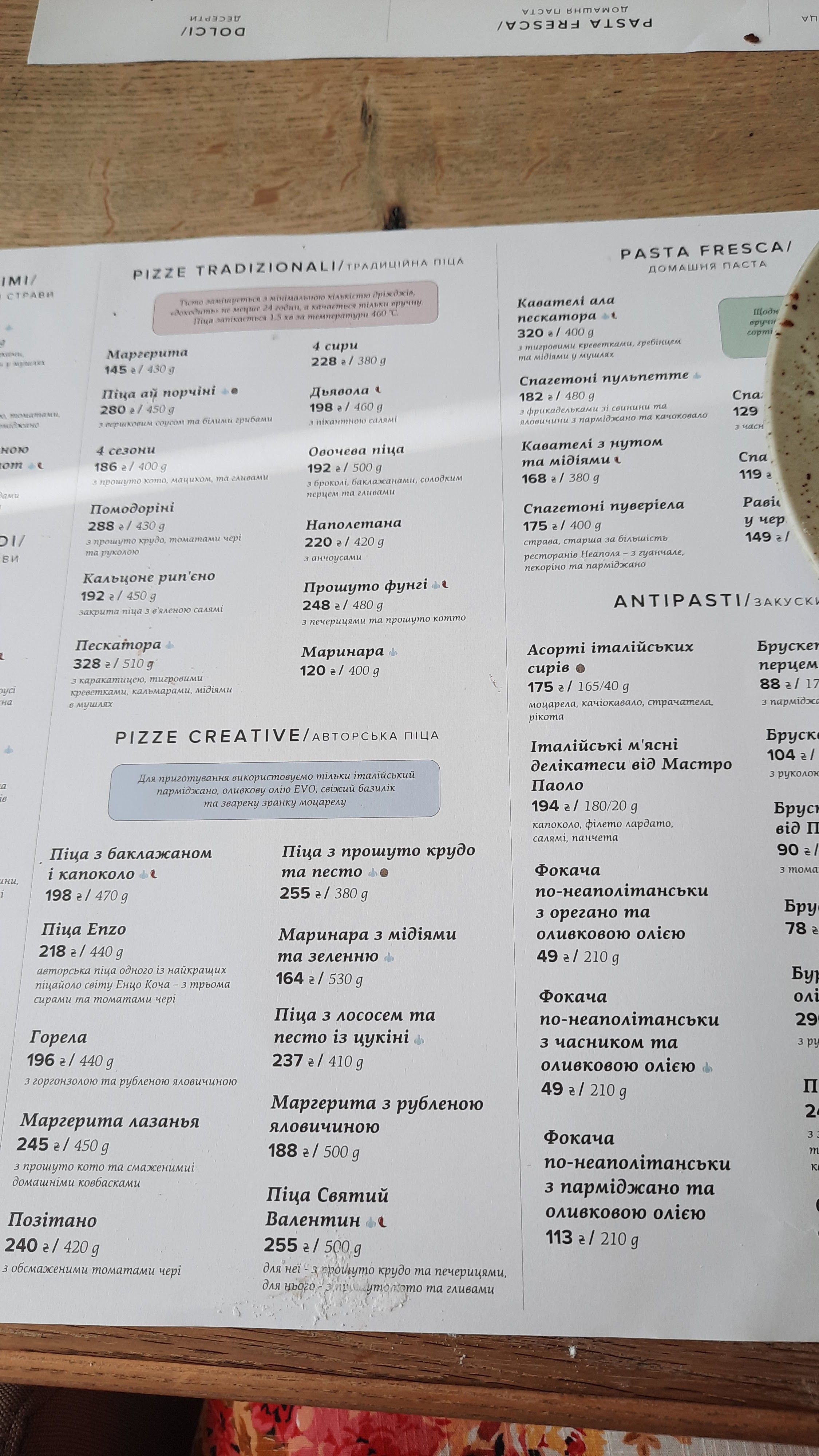 Positano menu 1