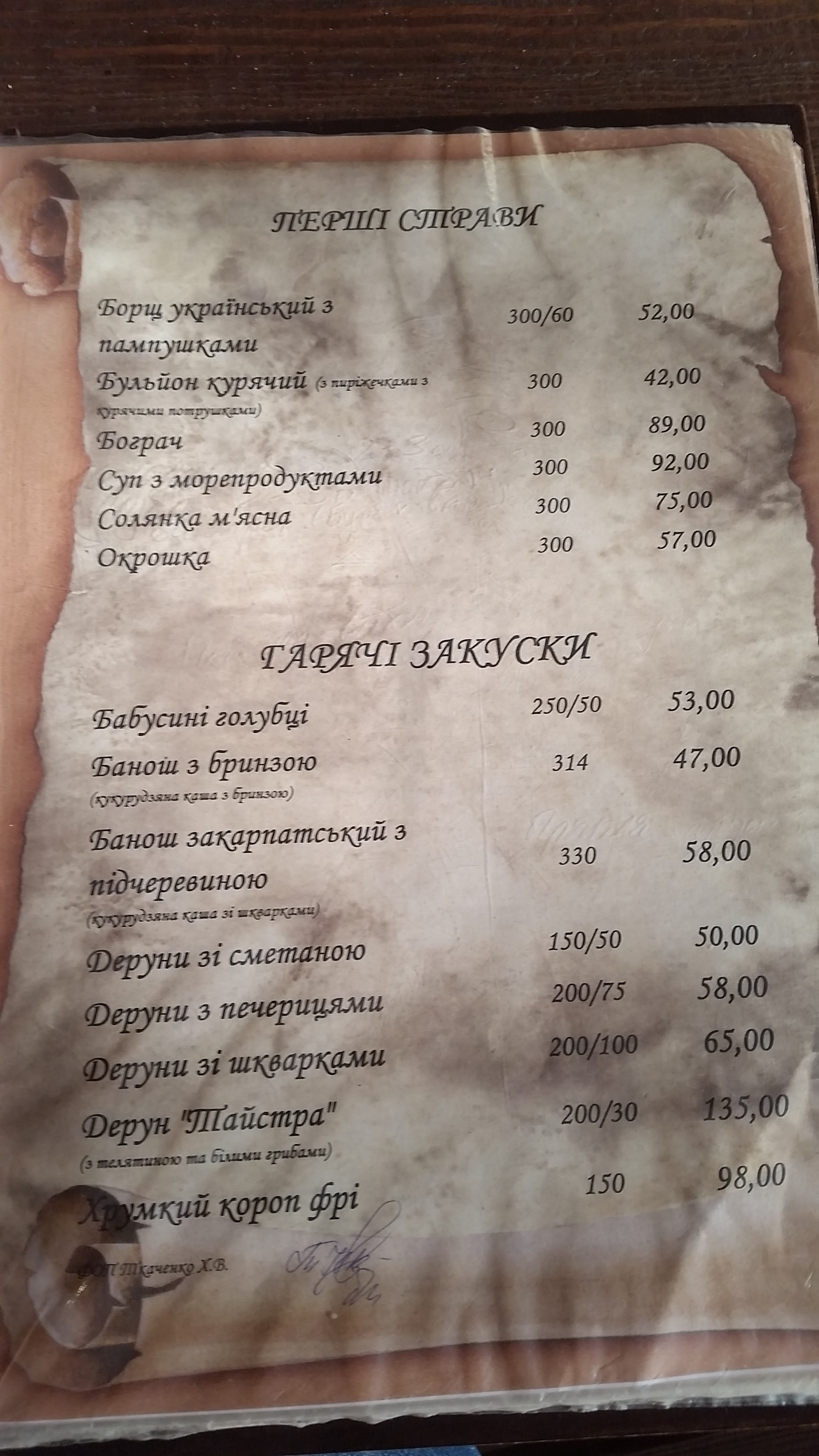Charivna Taistra menu 2