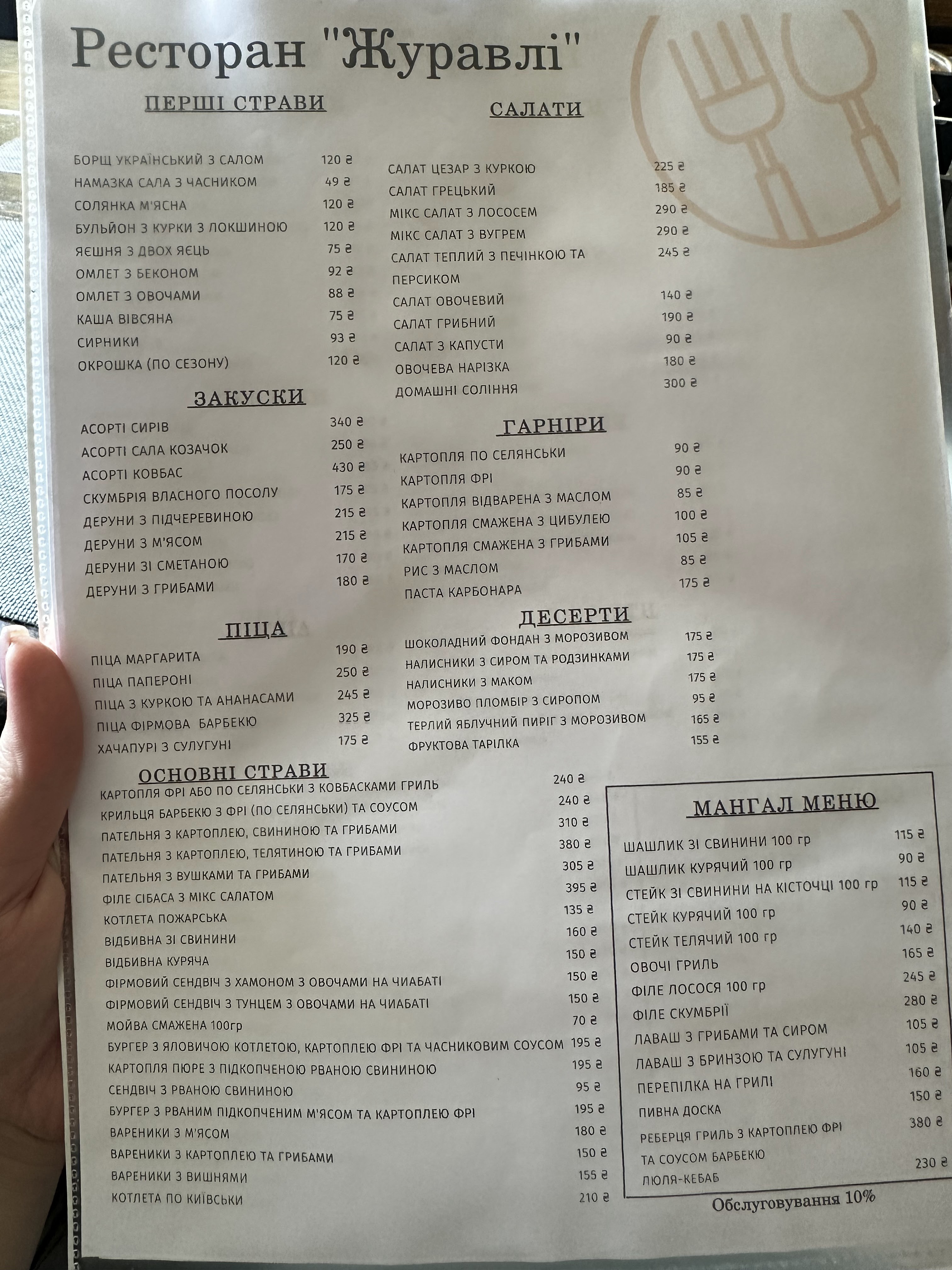 Hrylʹ-Bar "Zhuravli" menu 1