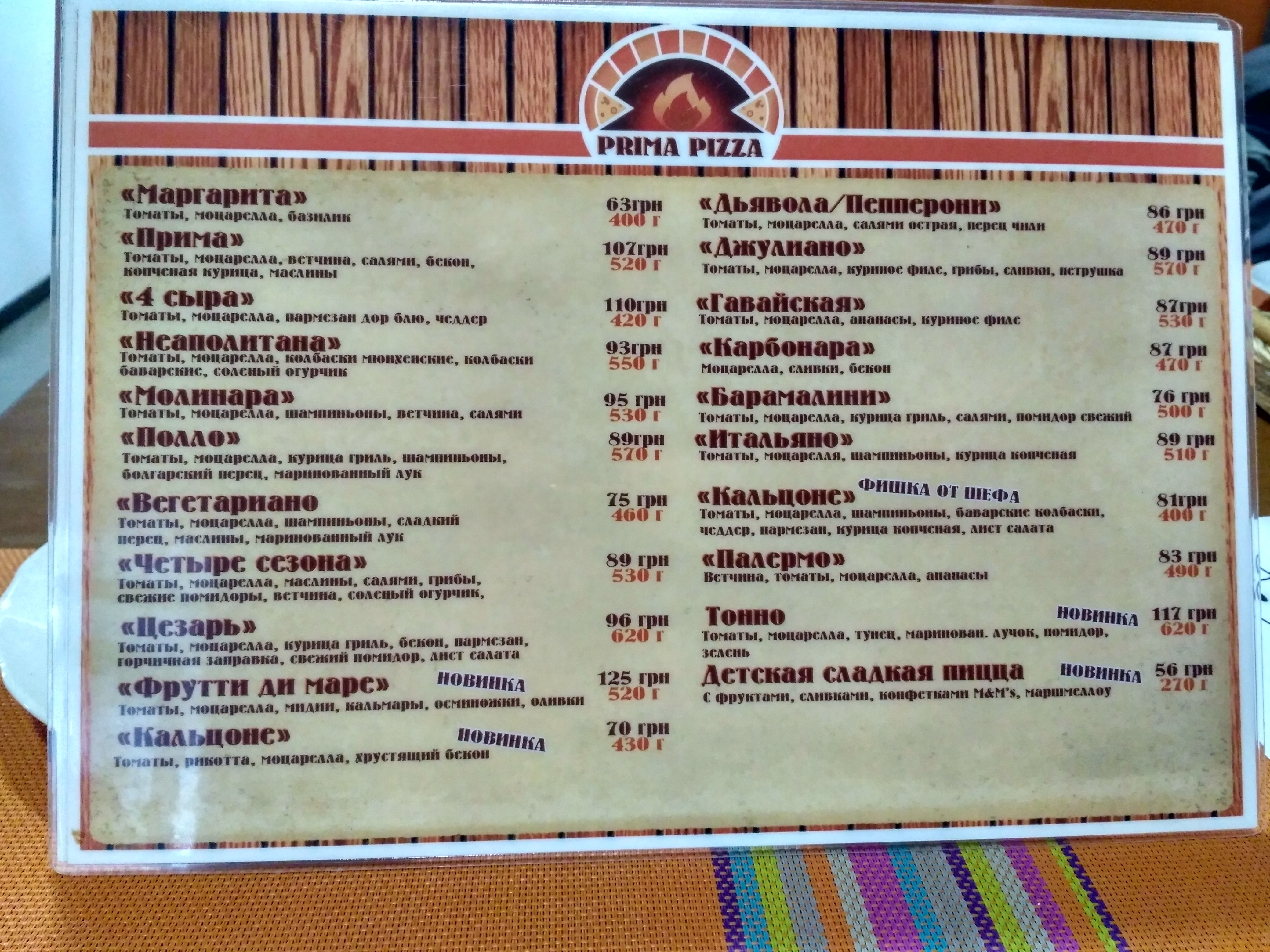 Prima Pizza menu 1
