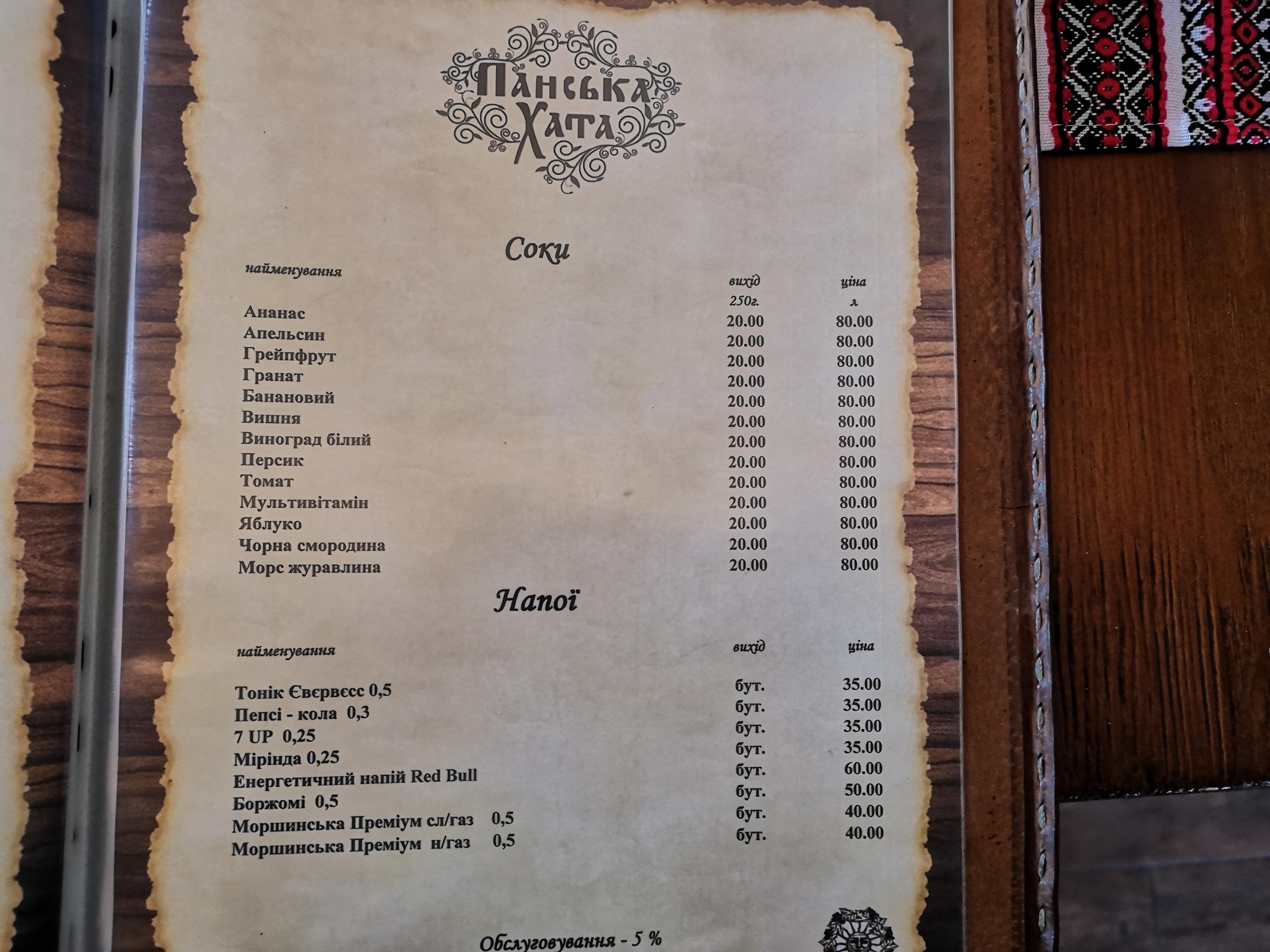 Panska Hata menu 3