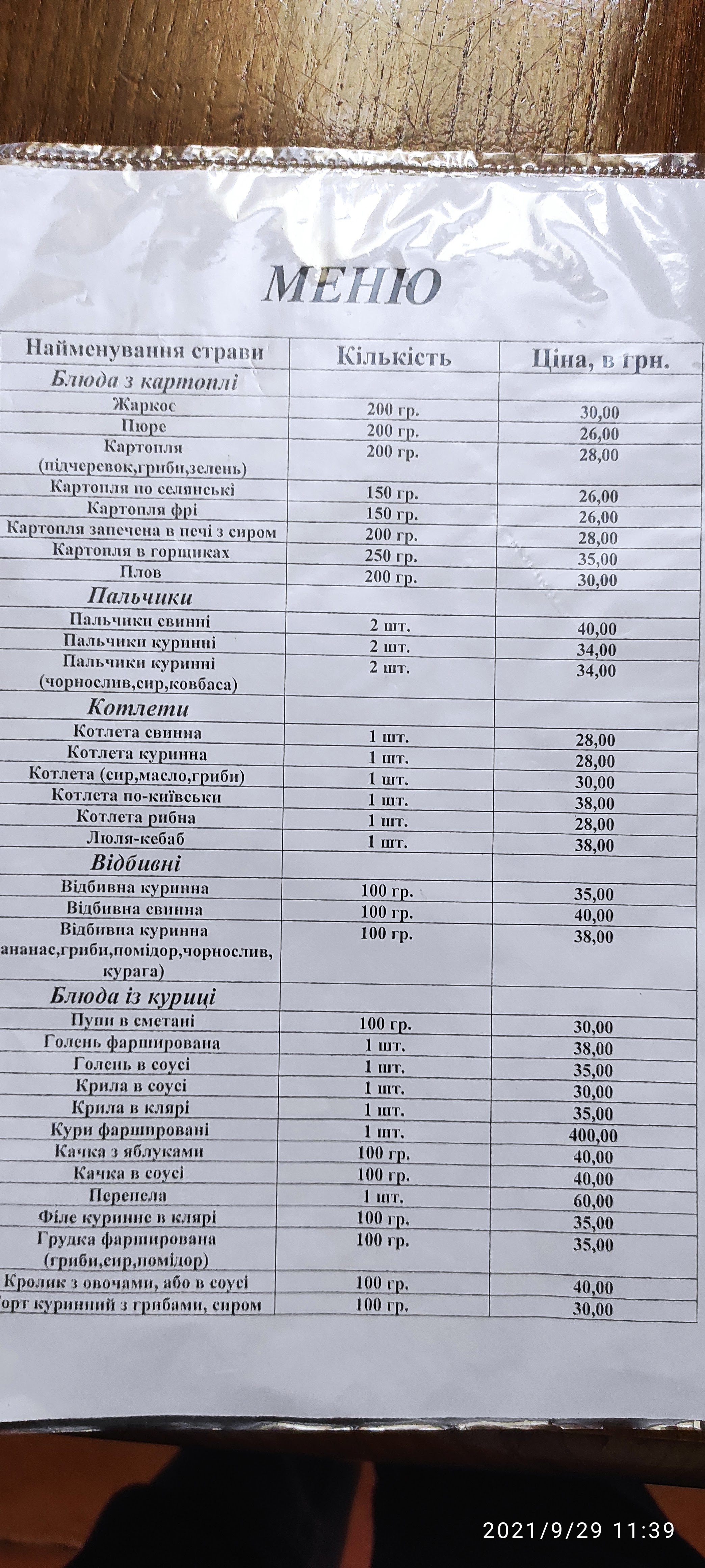 Kalnyshevsʹkyy menu 1