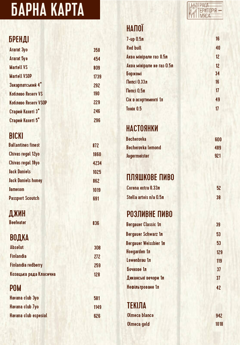Terrasa - Terrytoryya Myasa menu 1