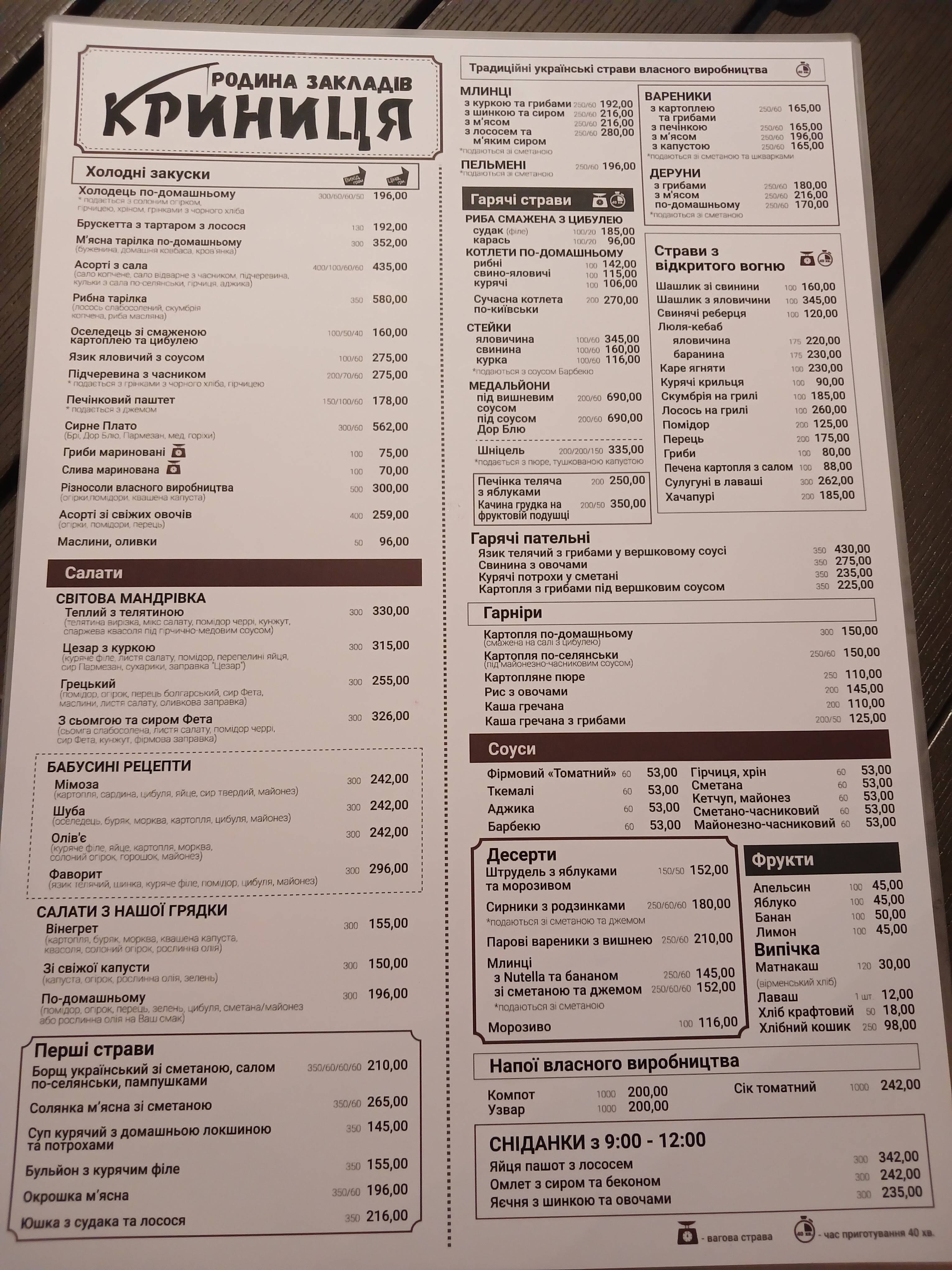 Krynytsya menu 2