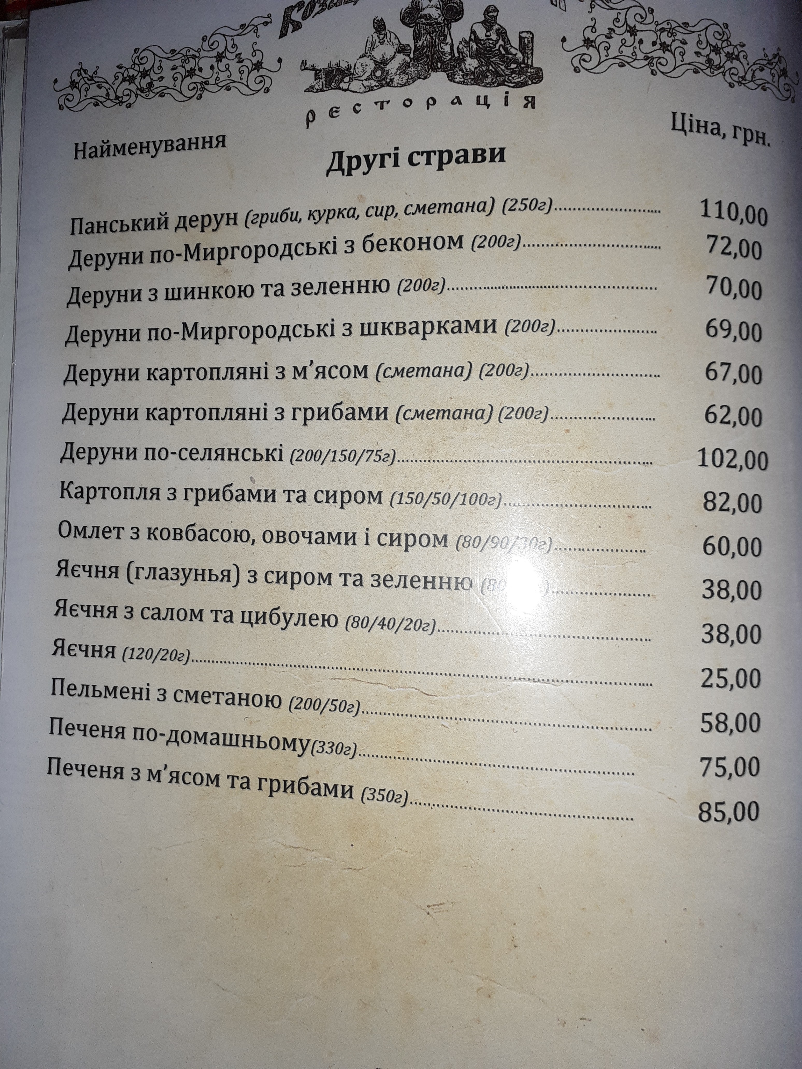 Kozatsʹki Rozvahy menu 4