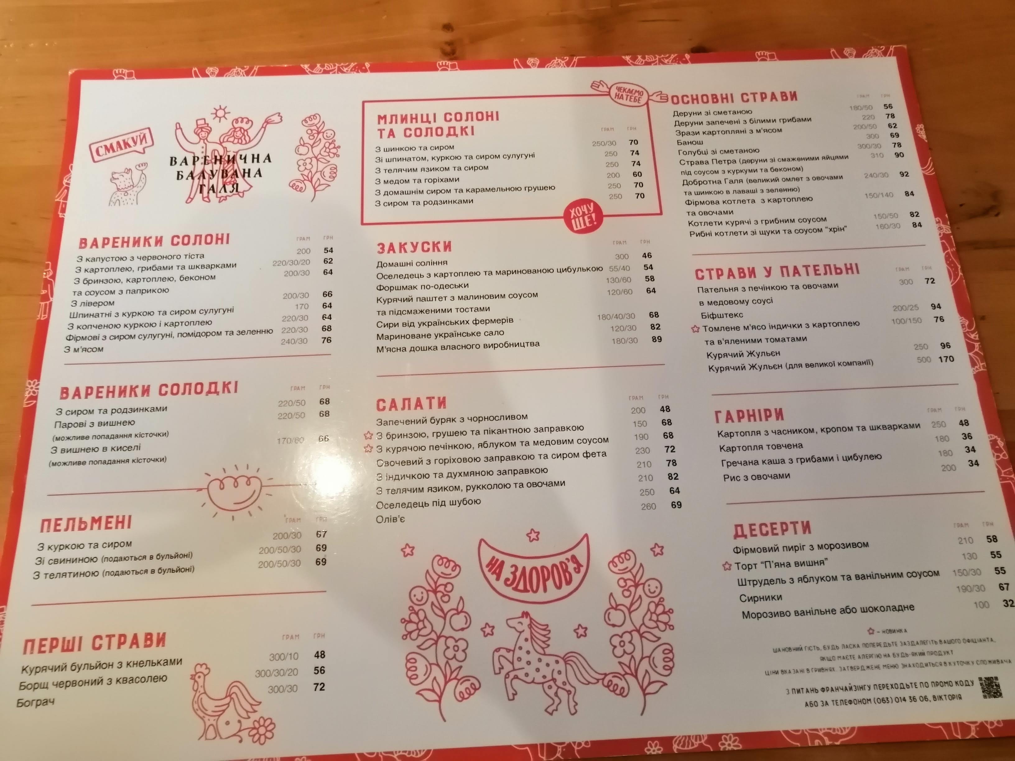 Varenychna Baluvana Halya menu 4