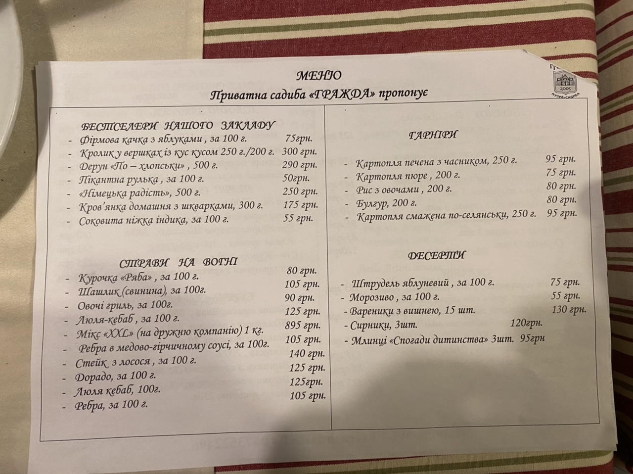 Музей-садиба "Гражда" готельно-ресторанний комплекс menu 12