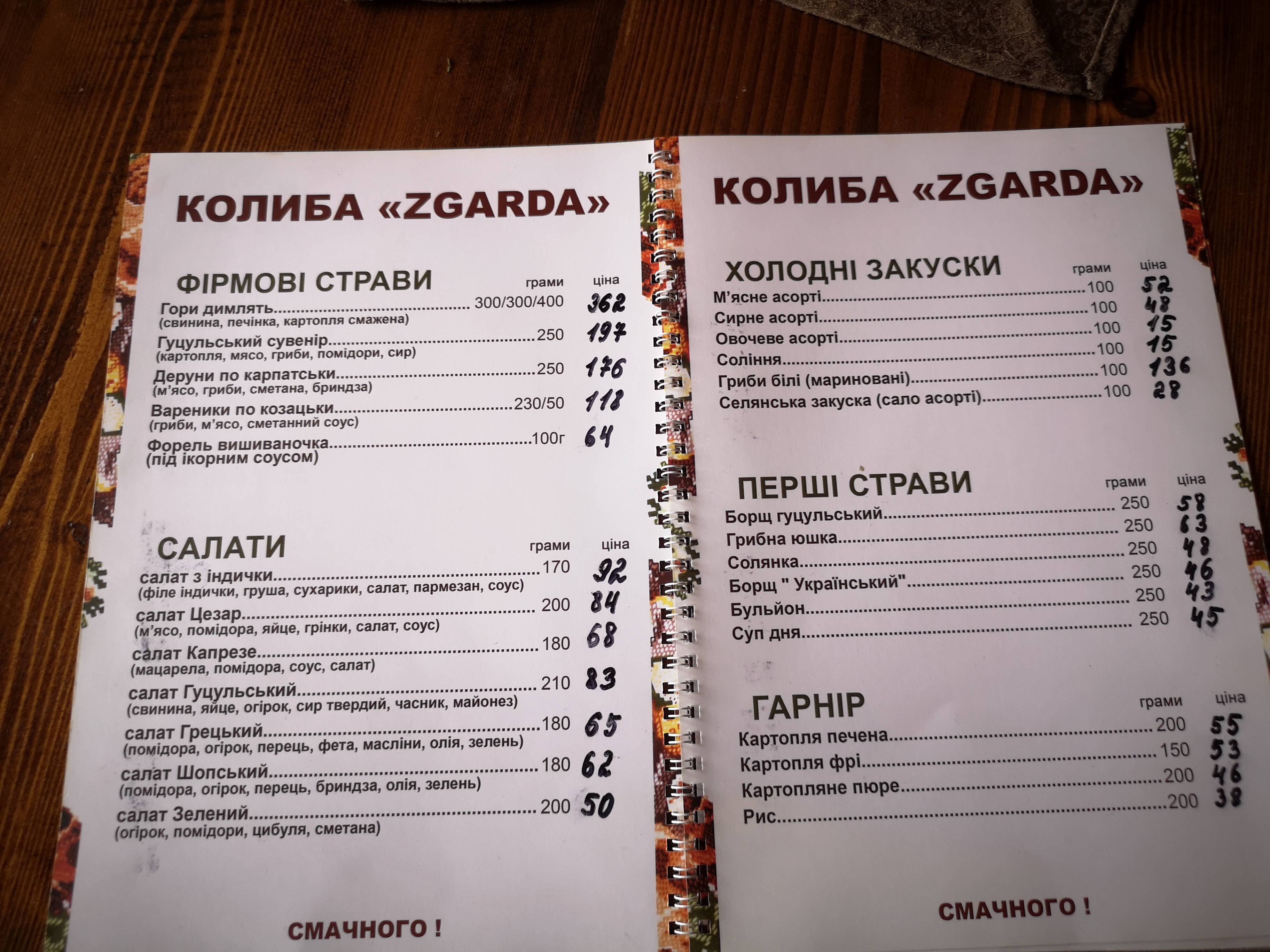 Hostynnyy Dvir "Zgarda" menu 2