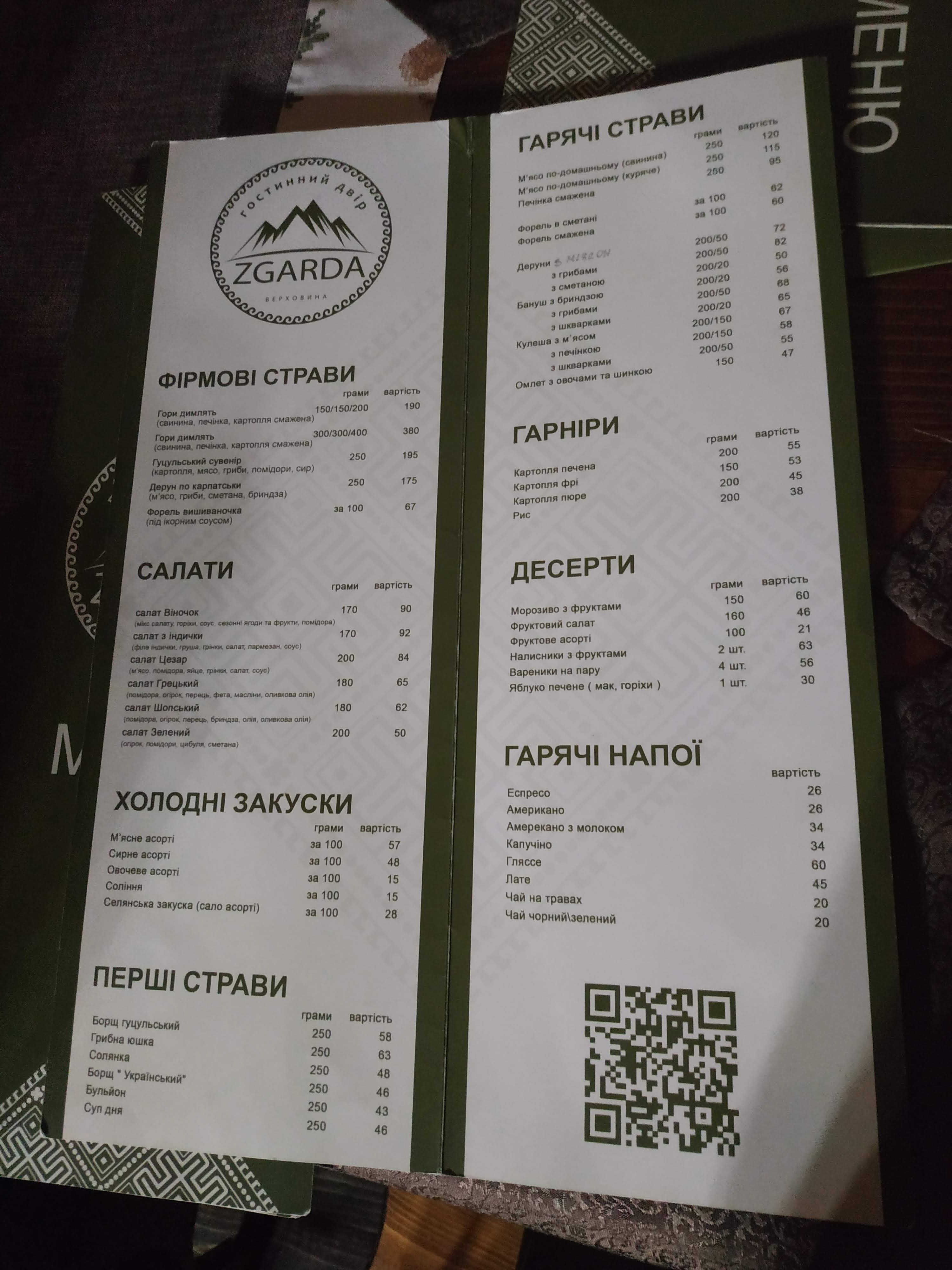 Hostynnyy Dvir "Zgarda" menu 4