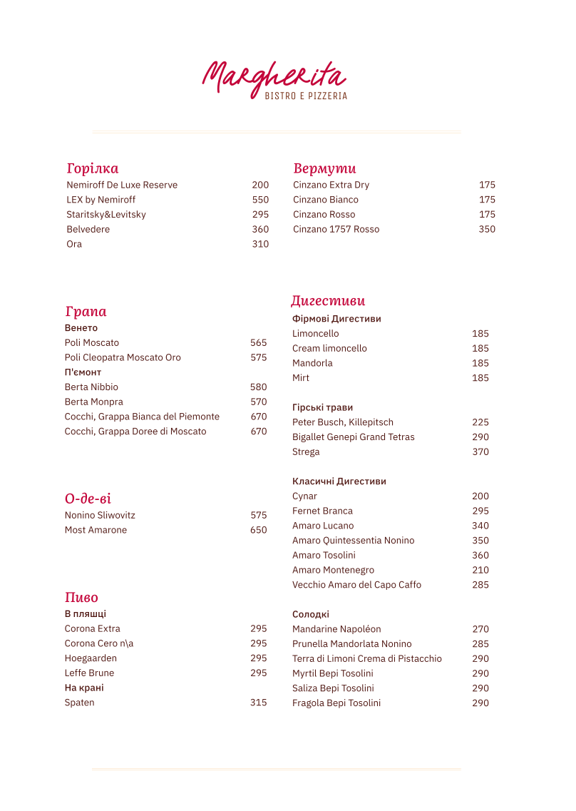 Margherita menu 1