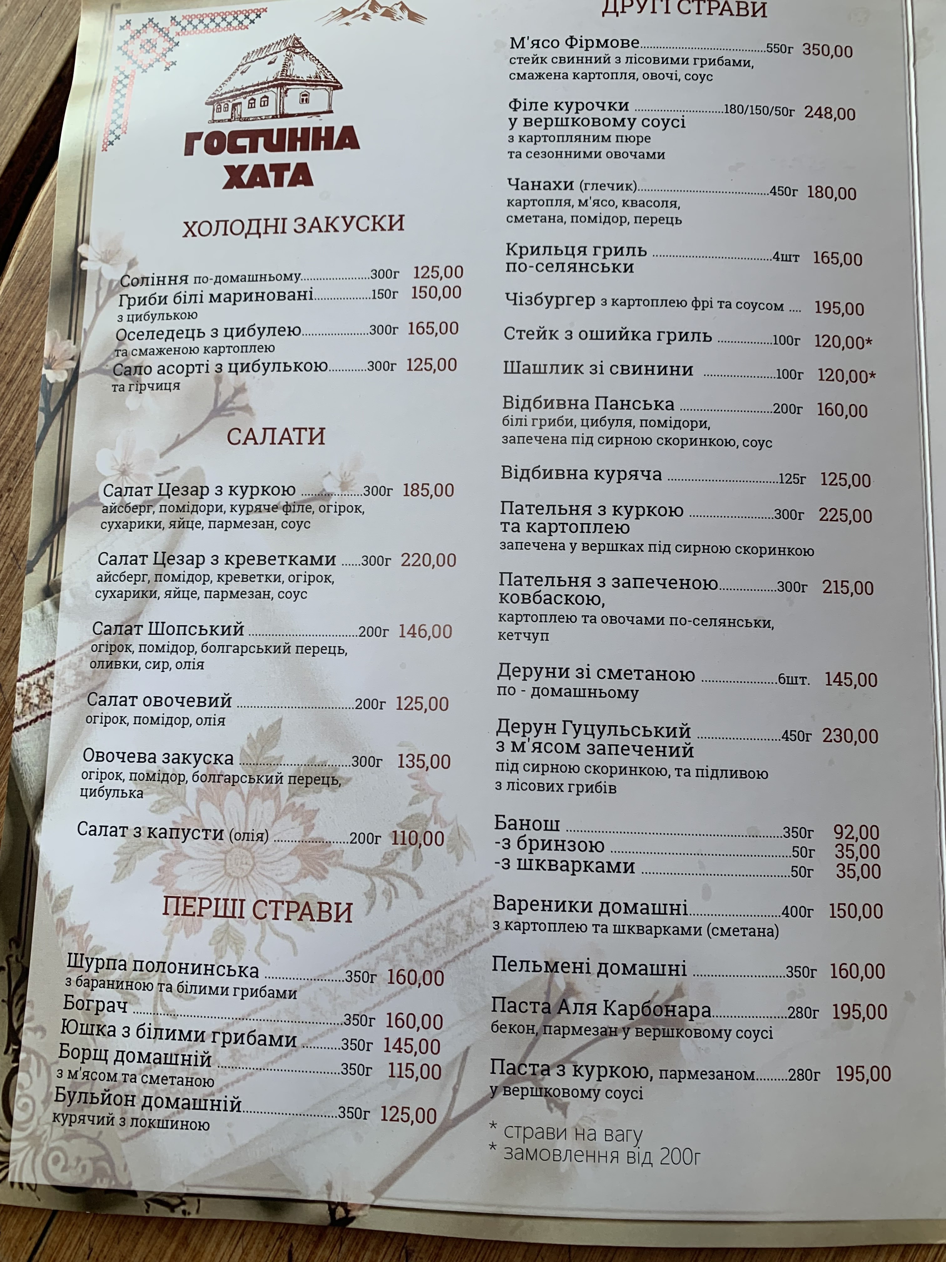 Колиба Гостинна Хата menu 2