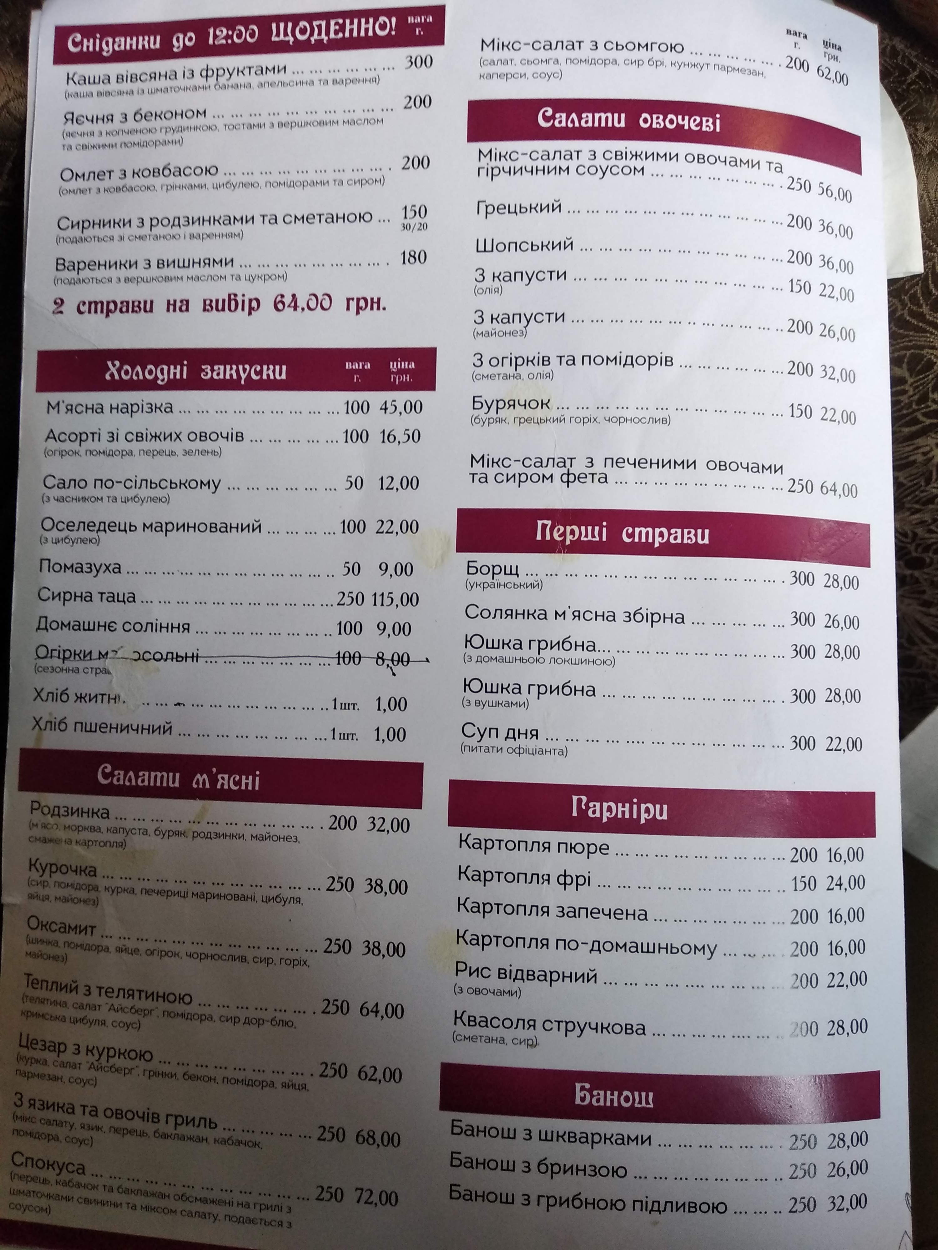 ФІЛЬВАРОК, КАФЕ-БАР menu 1