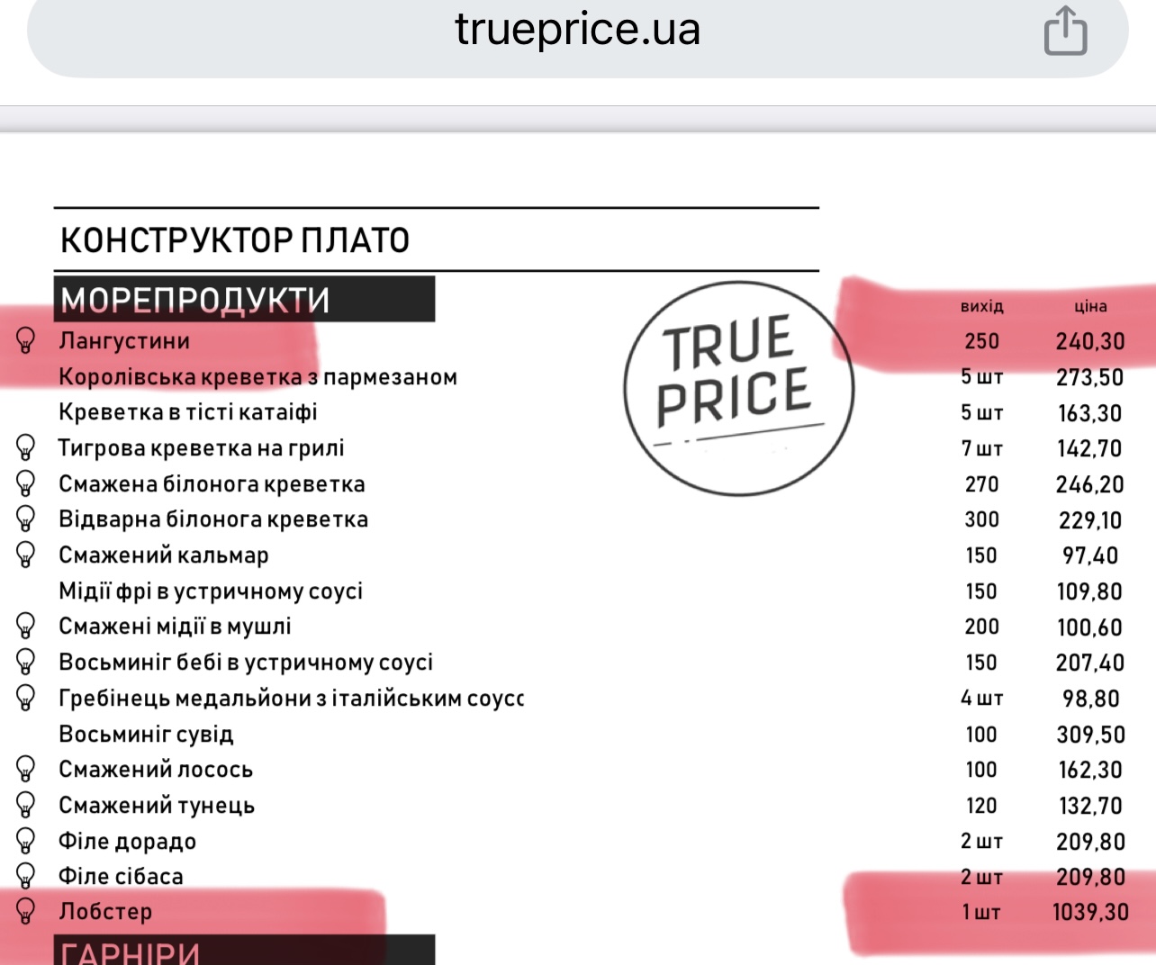 True Price на Ювілейному menu 9