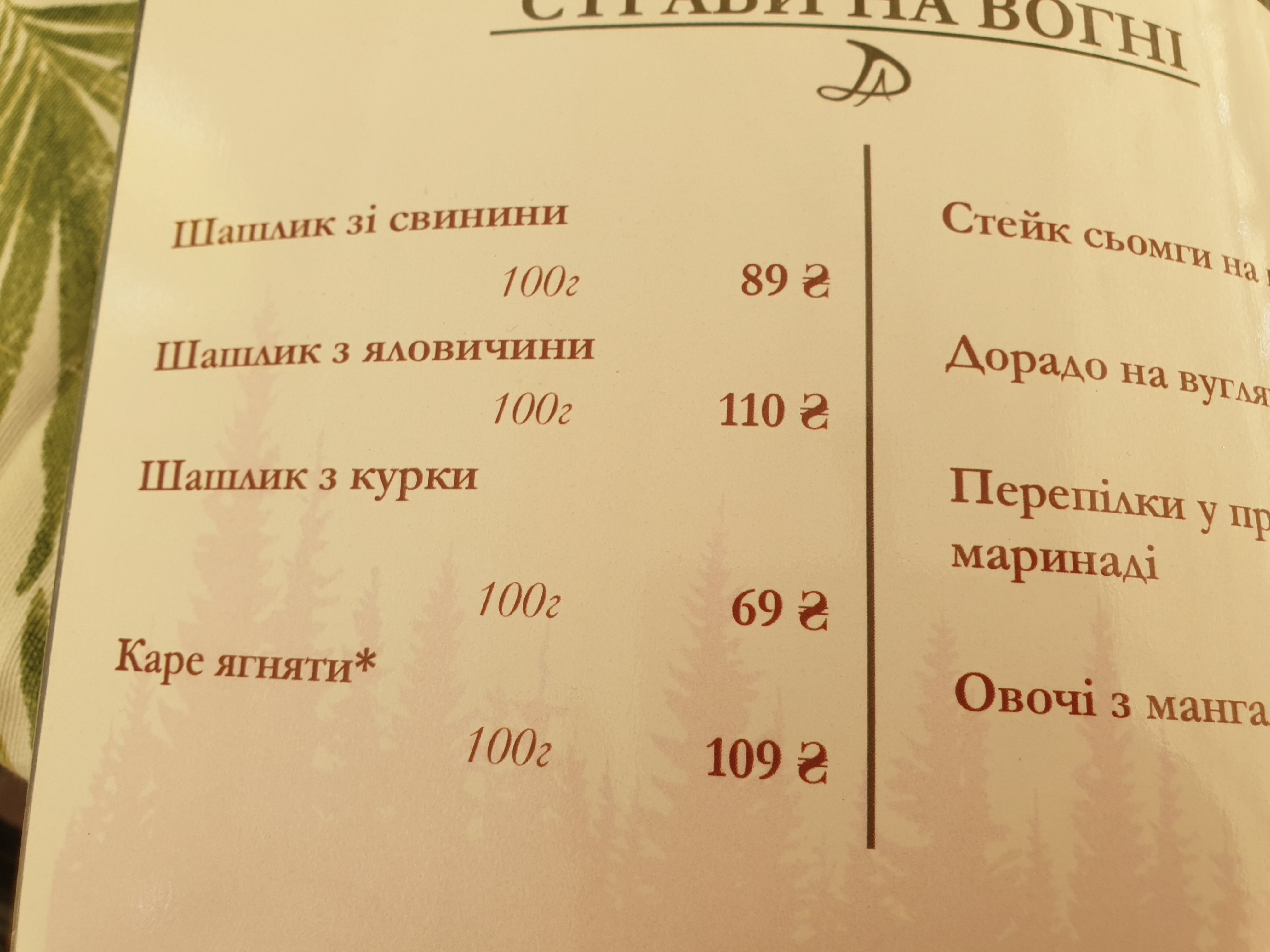 Budynochok Lisnyka menu 2
